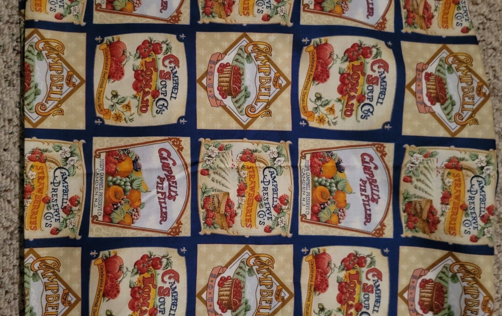VINTAGE 2001 CAMPBELL\'S SOUP NOVELTY FABRIC PRESERVES LABELS CONCORD INC 2 YARDS