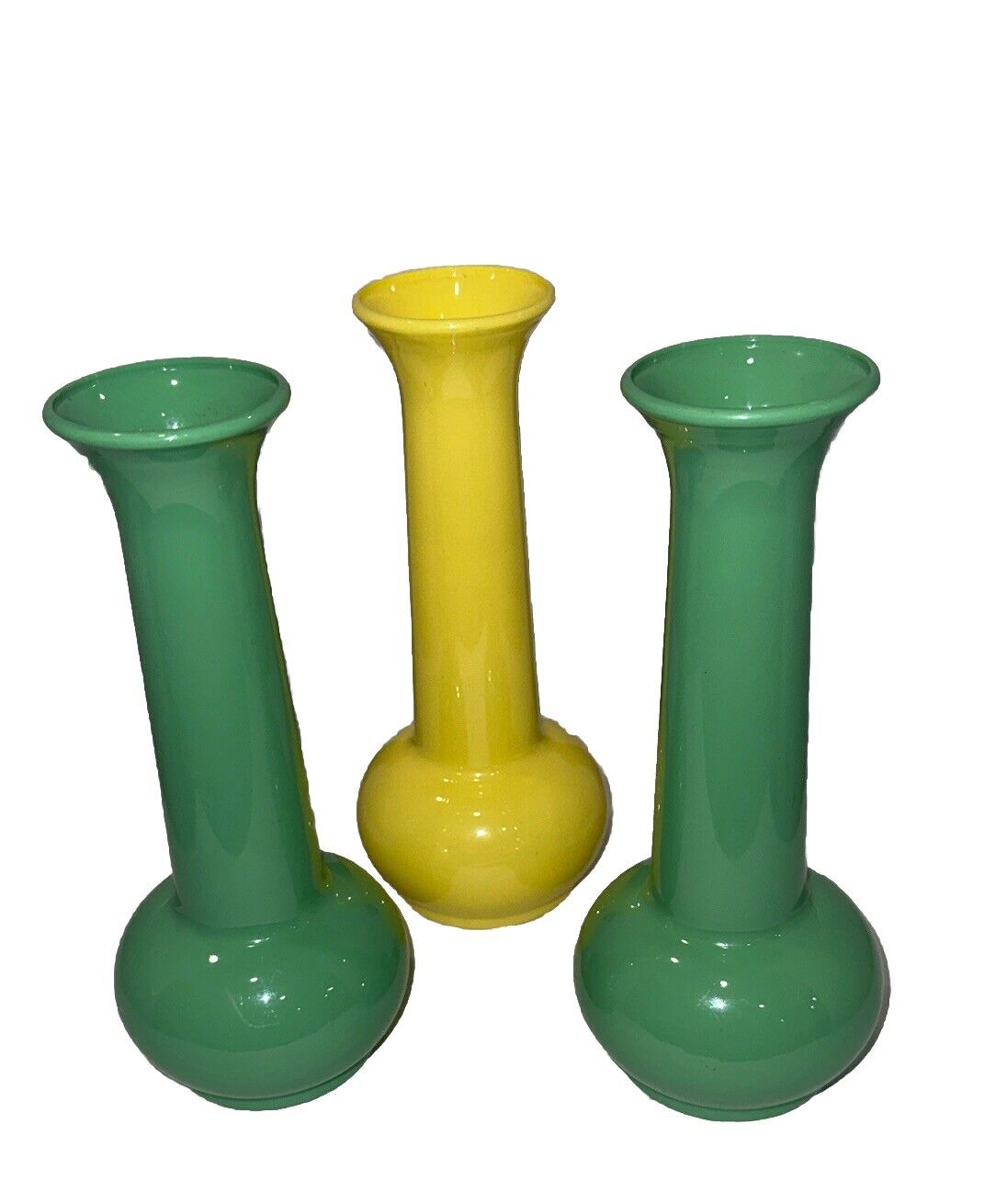 Vintage SS #24 3 Plastic Bud Vases. Two Green 1 Yellow.