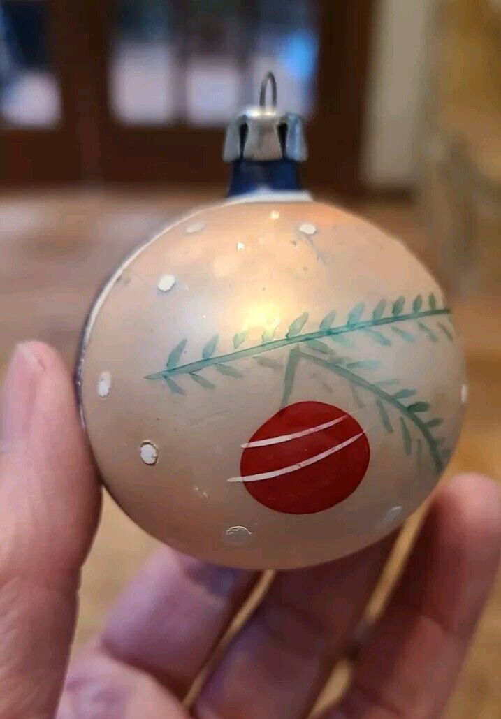 Vintage Blown Glass Ball Christmas Ornament Blue Handpainted Poland