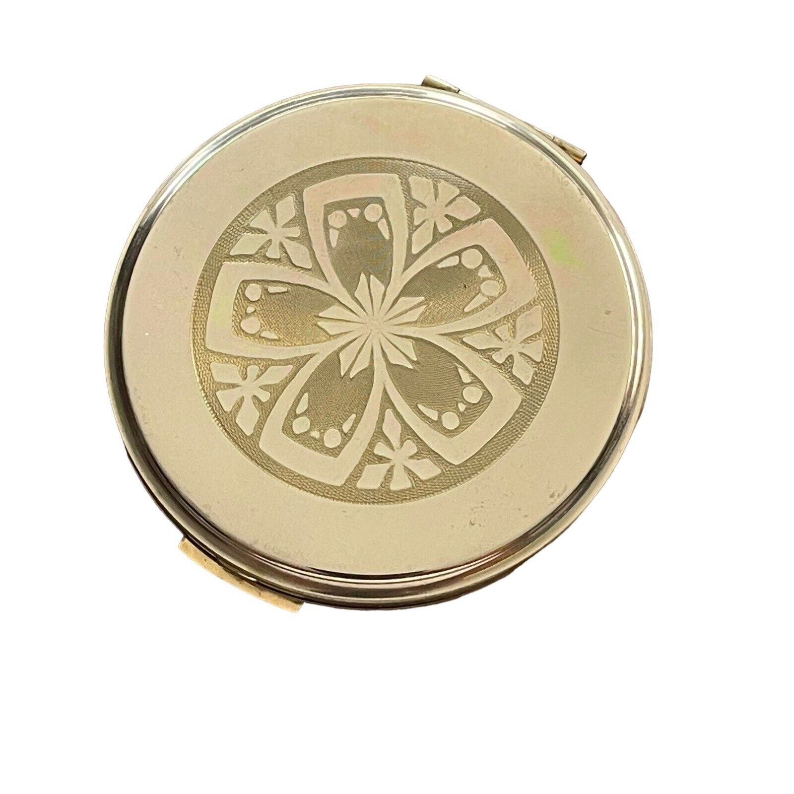 Volupte Compact Etched Floral Pattern Mirrored Round Gold Tone Snap Close