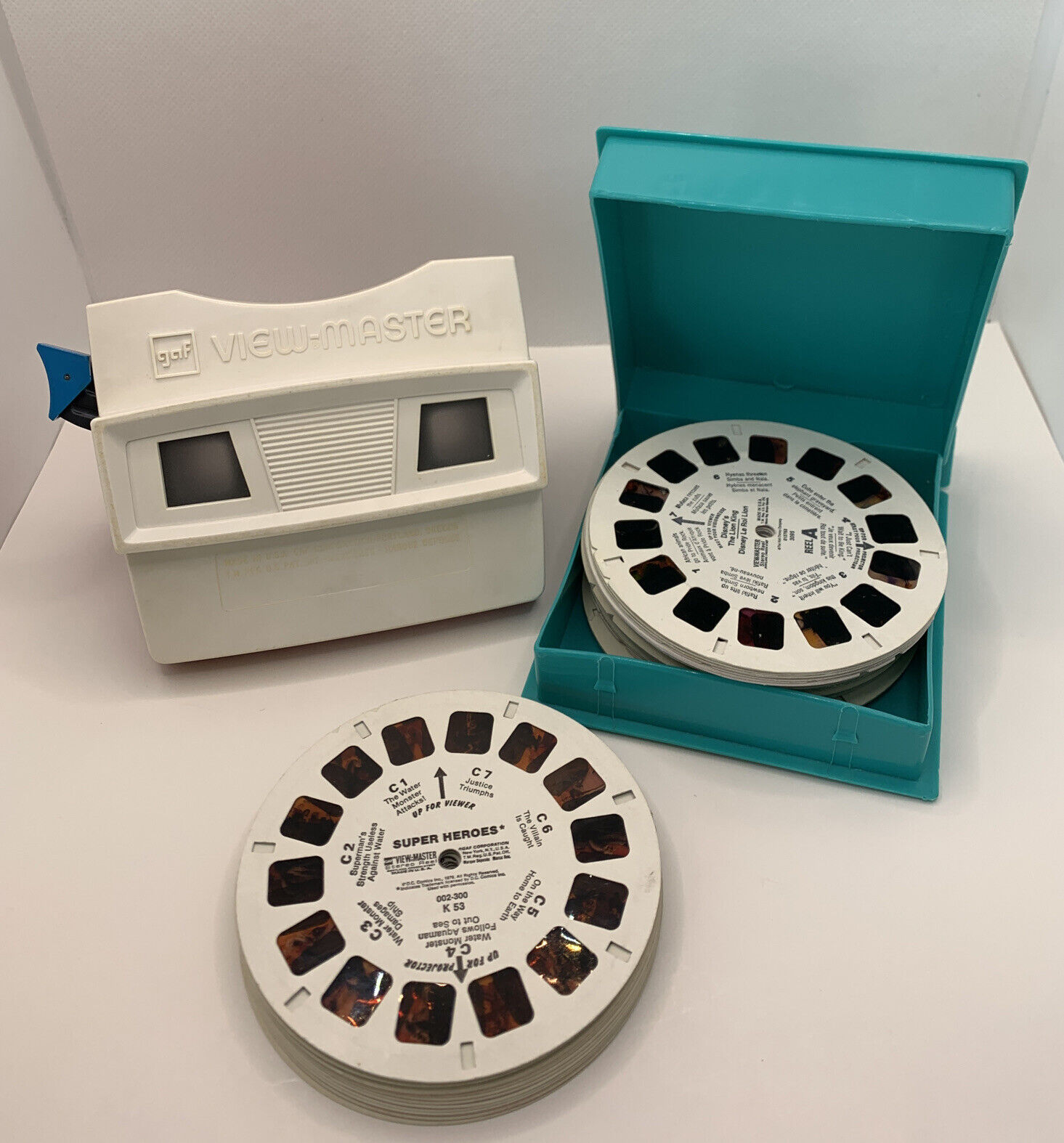Vintage 1976 Viewmaster 44 Reels US Bicentennial Blue Handle Lever Red White