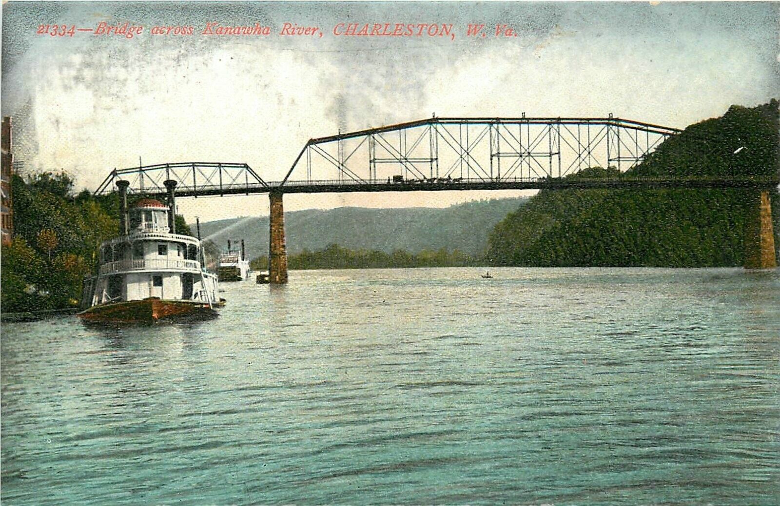 Postcard C-1910 Charleston West Virginia Bridge Kanawha River boat WV24-3486