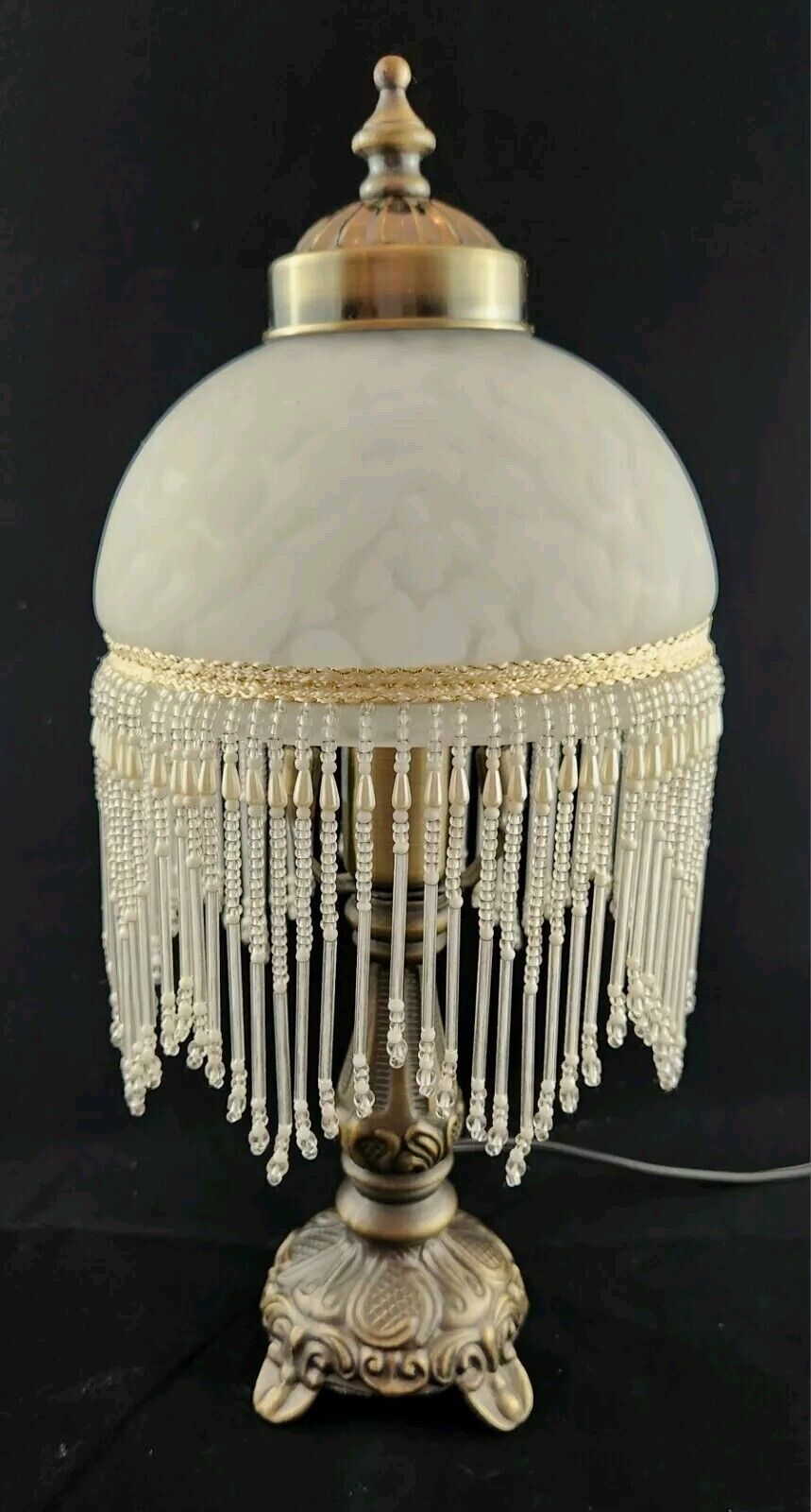 Vintage Victorian Boudoir Beaded Lamp Frosted Glass Dome Shade Beaded Fringe EUC