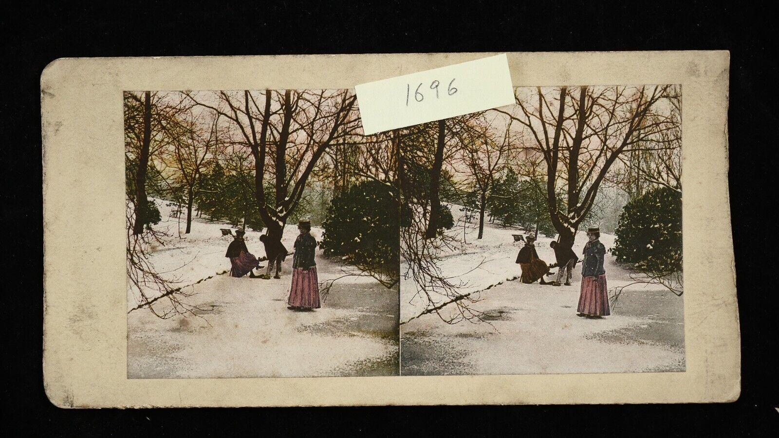 EARLY unusual Stereoview hand colored people snow