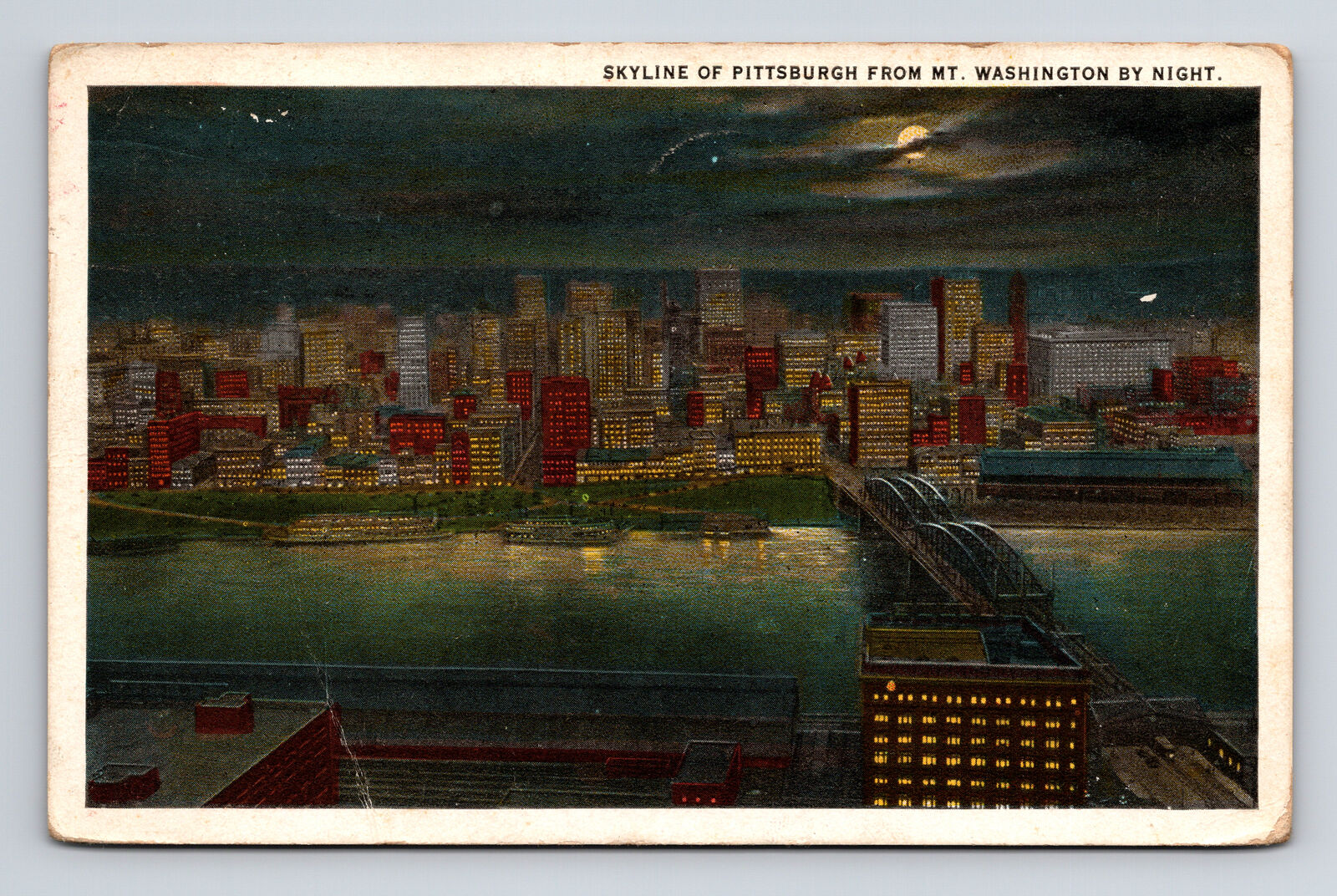 c1928 DB Postcard Pittsburg PA Pennsylvania Skyline at Night Moonlight