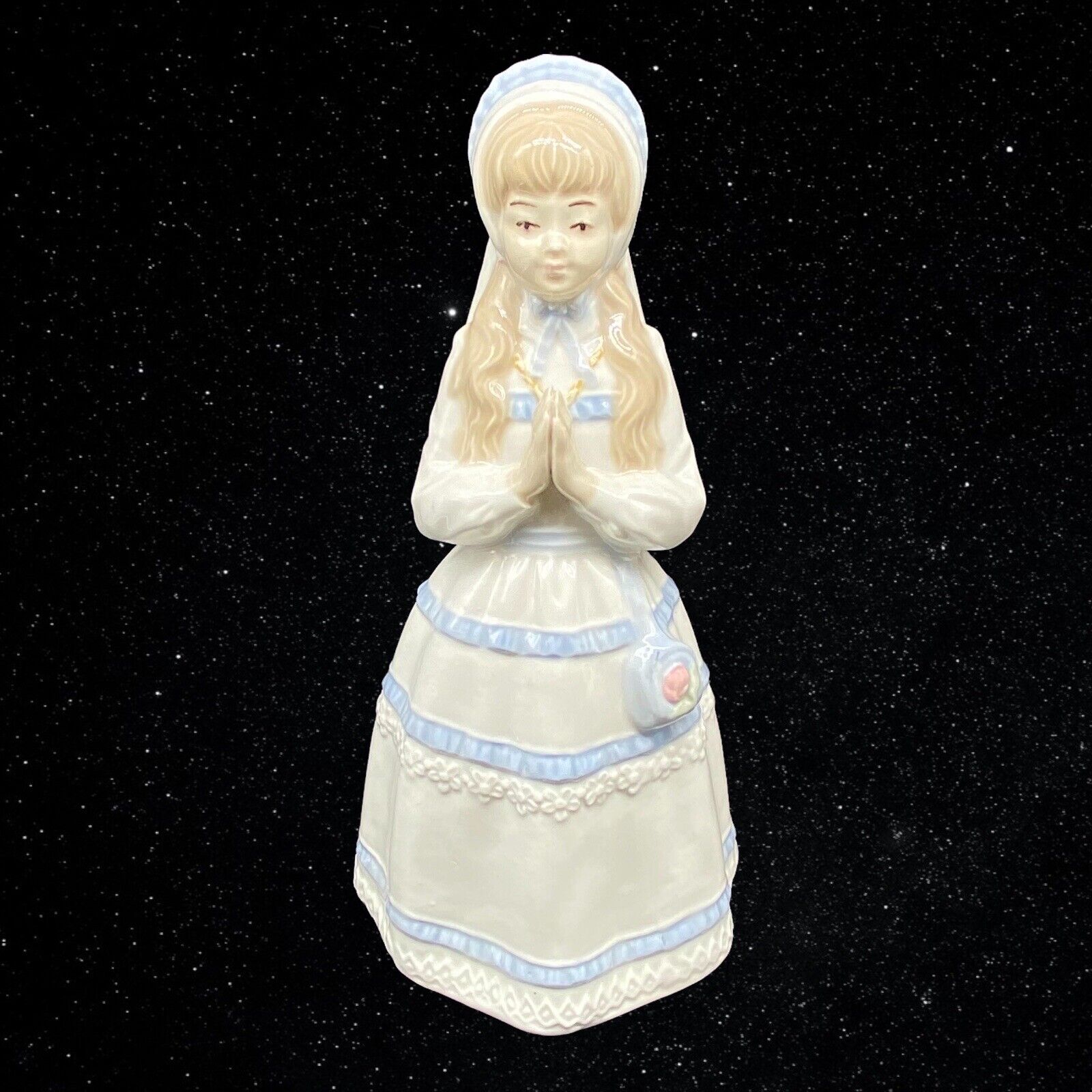 Sango Ceramic Figurine Praying Girl White Dress Blue Trim Veil Spain 10”T 5”W