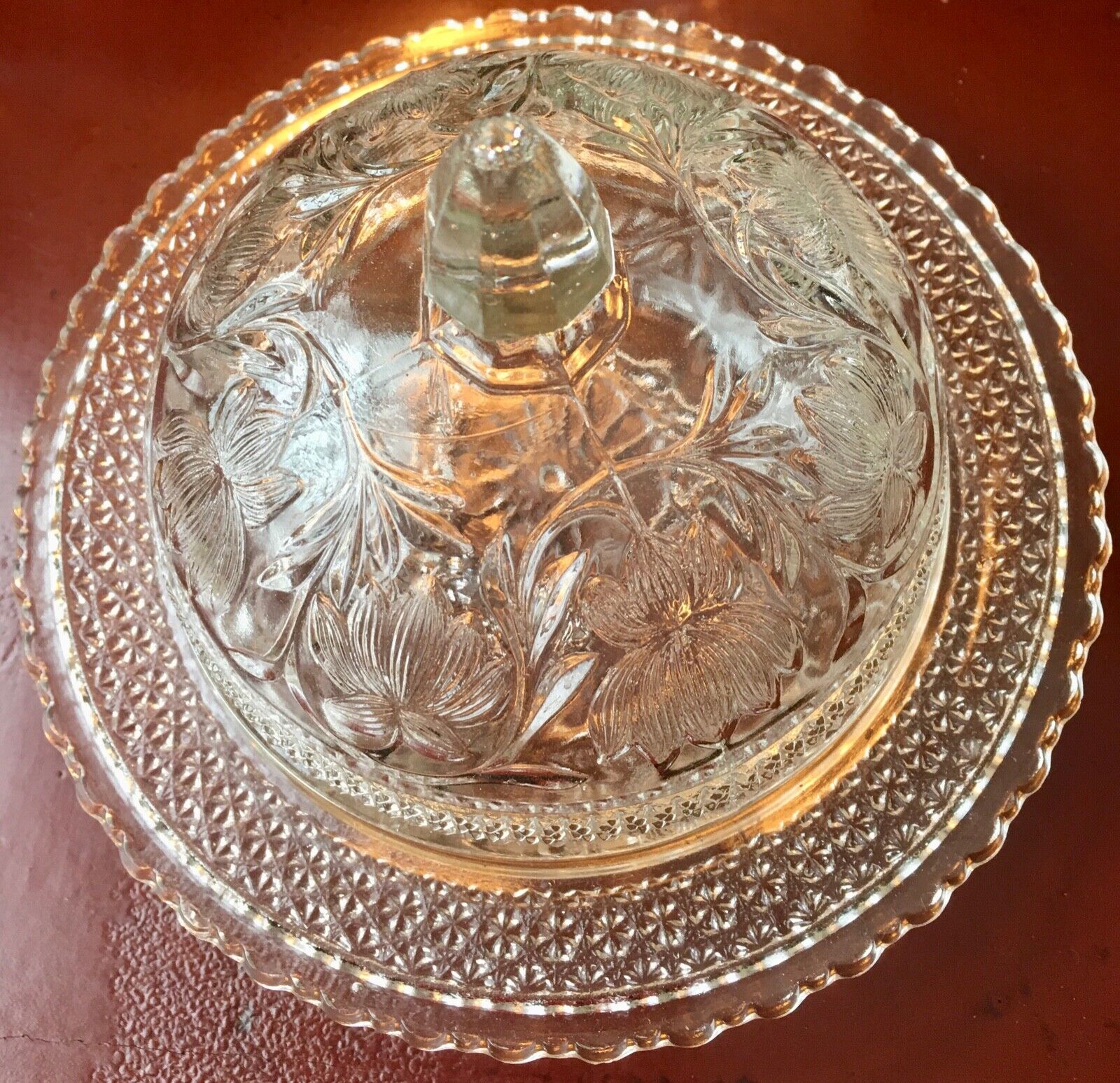 Antique EAPG Indiana Pressed Glass Butter Dish w/ Lid ROSEPOINT BAND WATER LILY