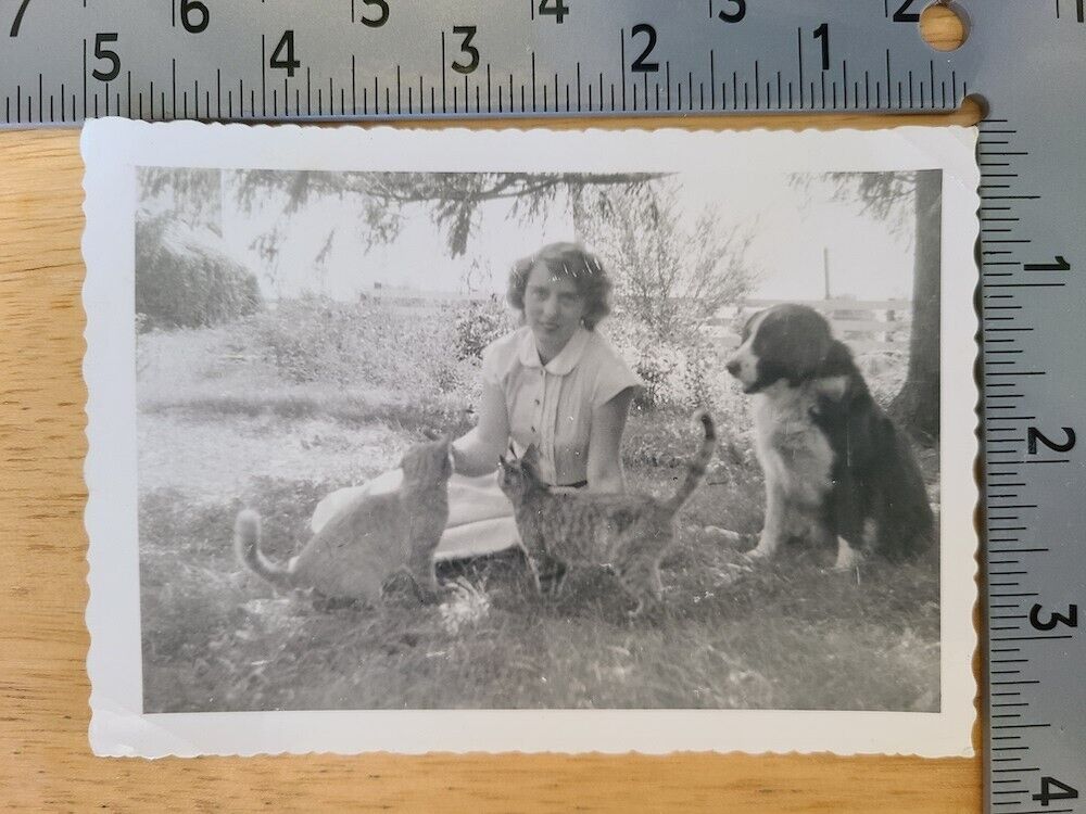 Woman with Dog and Cats - Vintage Black and White Old Found Photo
