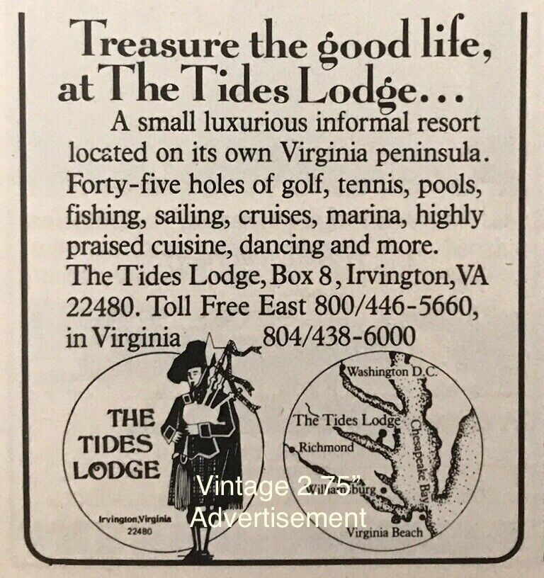 AD 2.5” 1984 Tides Lodge Resort Irvington VA Golf, Marina Vintage Artful PROMO
