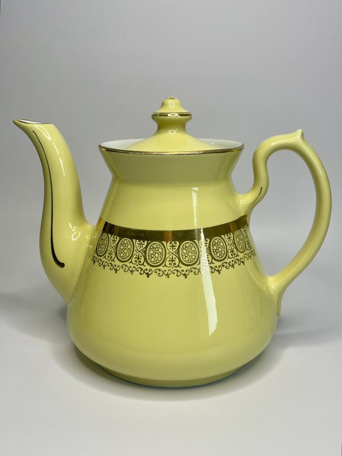 Hall Pottery Philadelphia Tea Or Coffee Pot Canary with Gold Accents  1956 MCM