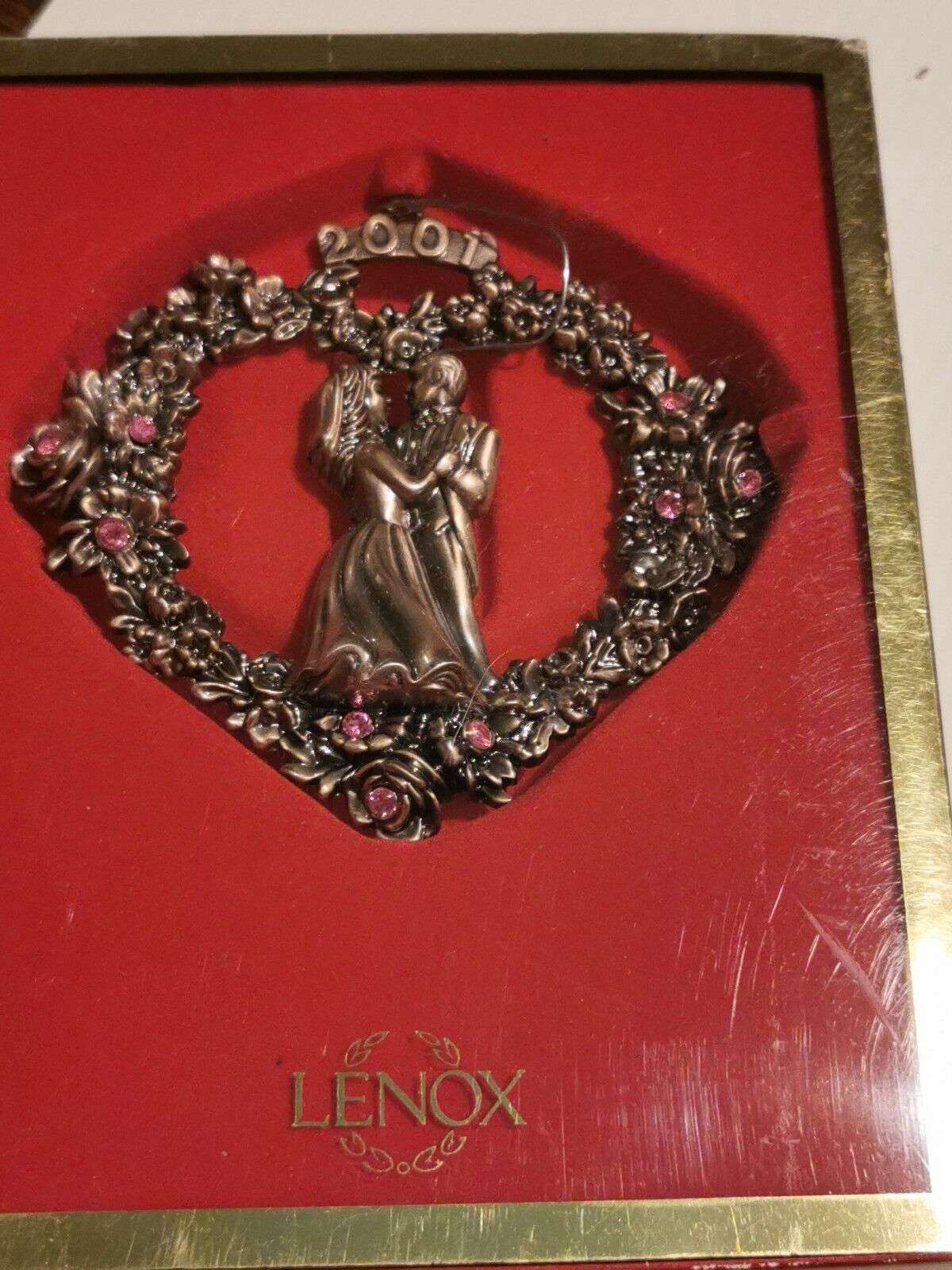 Lenox 2001 Wedding Bride Groom Christmas Ornament Pewter With Pink Rhinestones
