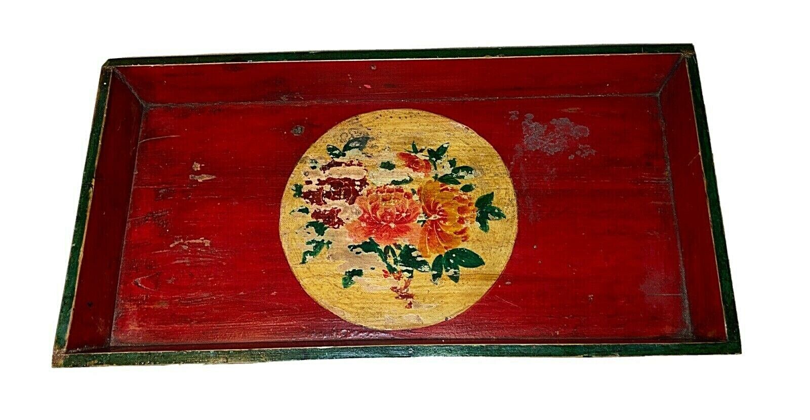 Asian / Chinese antique red green lacquer peony wood serving tray 26”