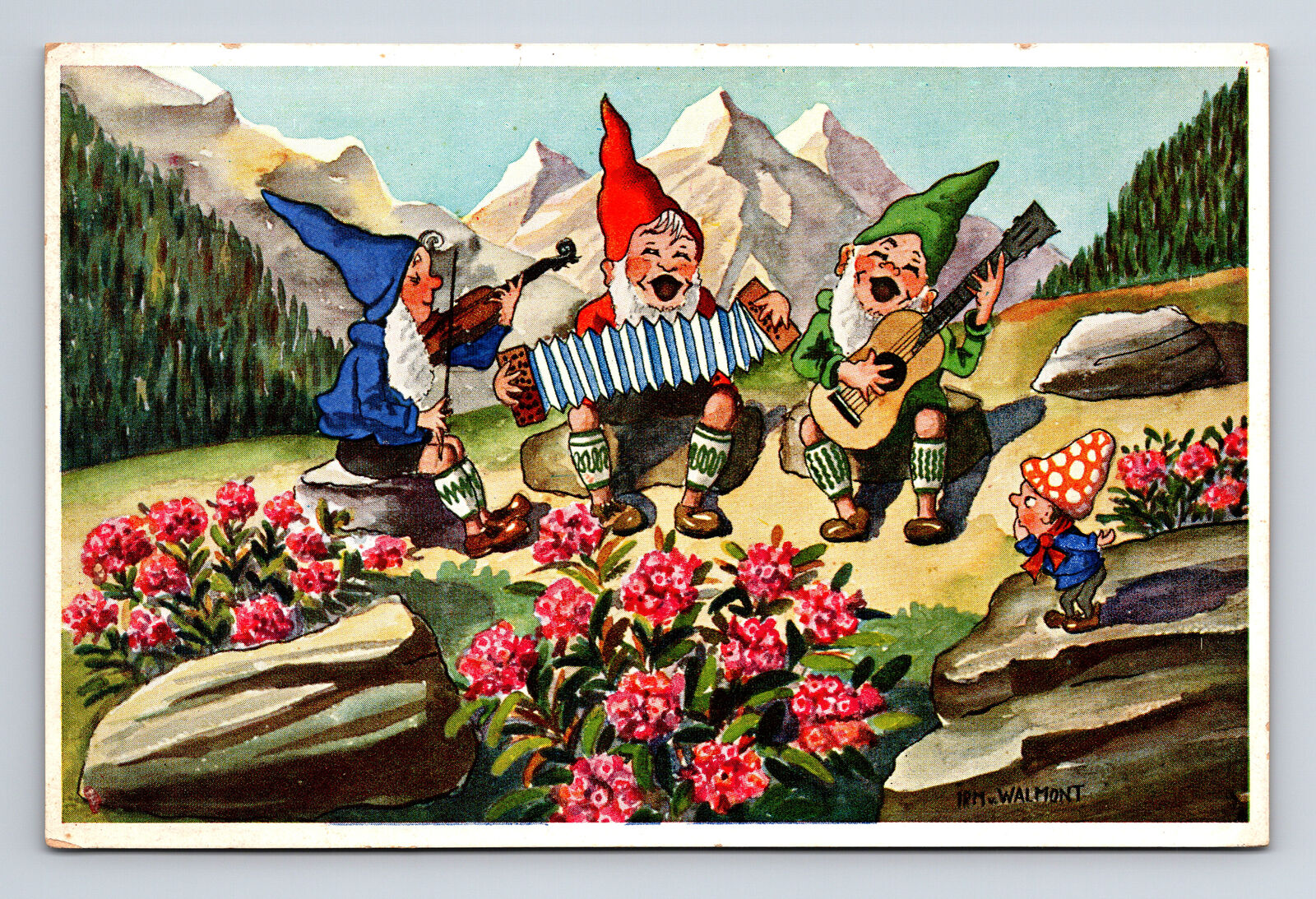 Artist Signed Irm V Walmont Karte Musical Gnomes Alpine Roses Bloom Postcard