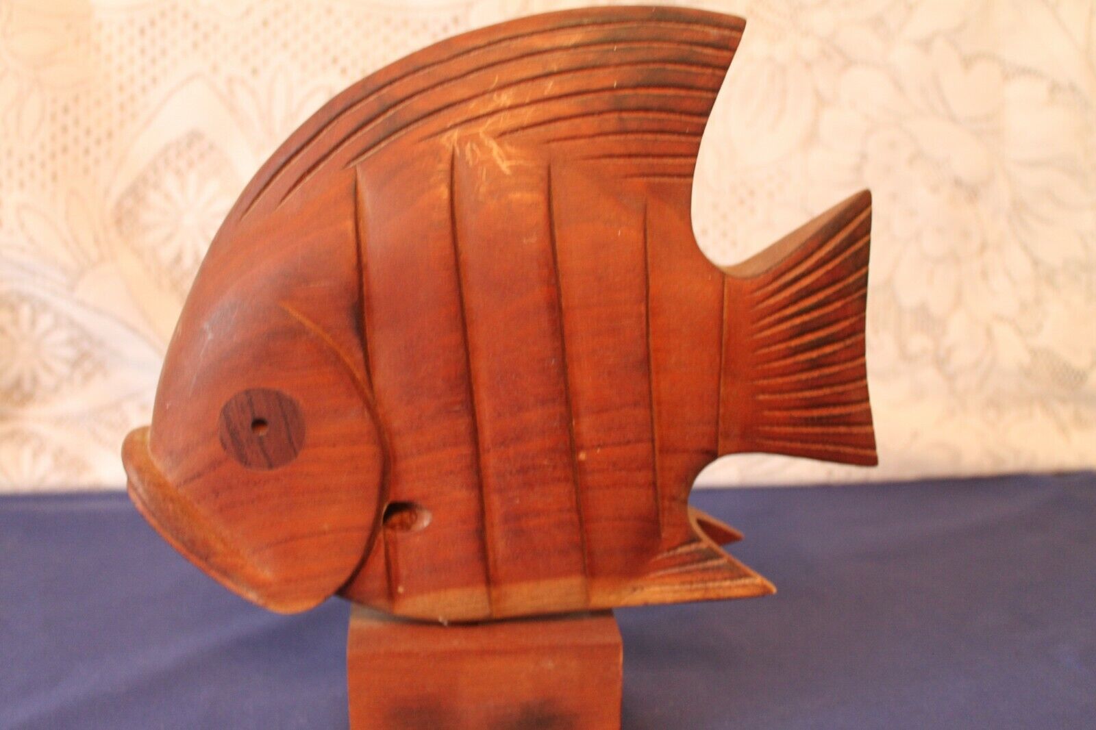 Vintage large hand carved wooden Fish on base 25cms x 25cms x 5cms