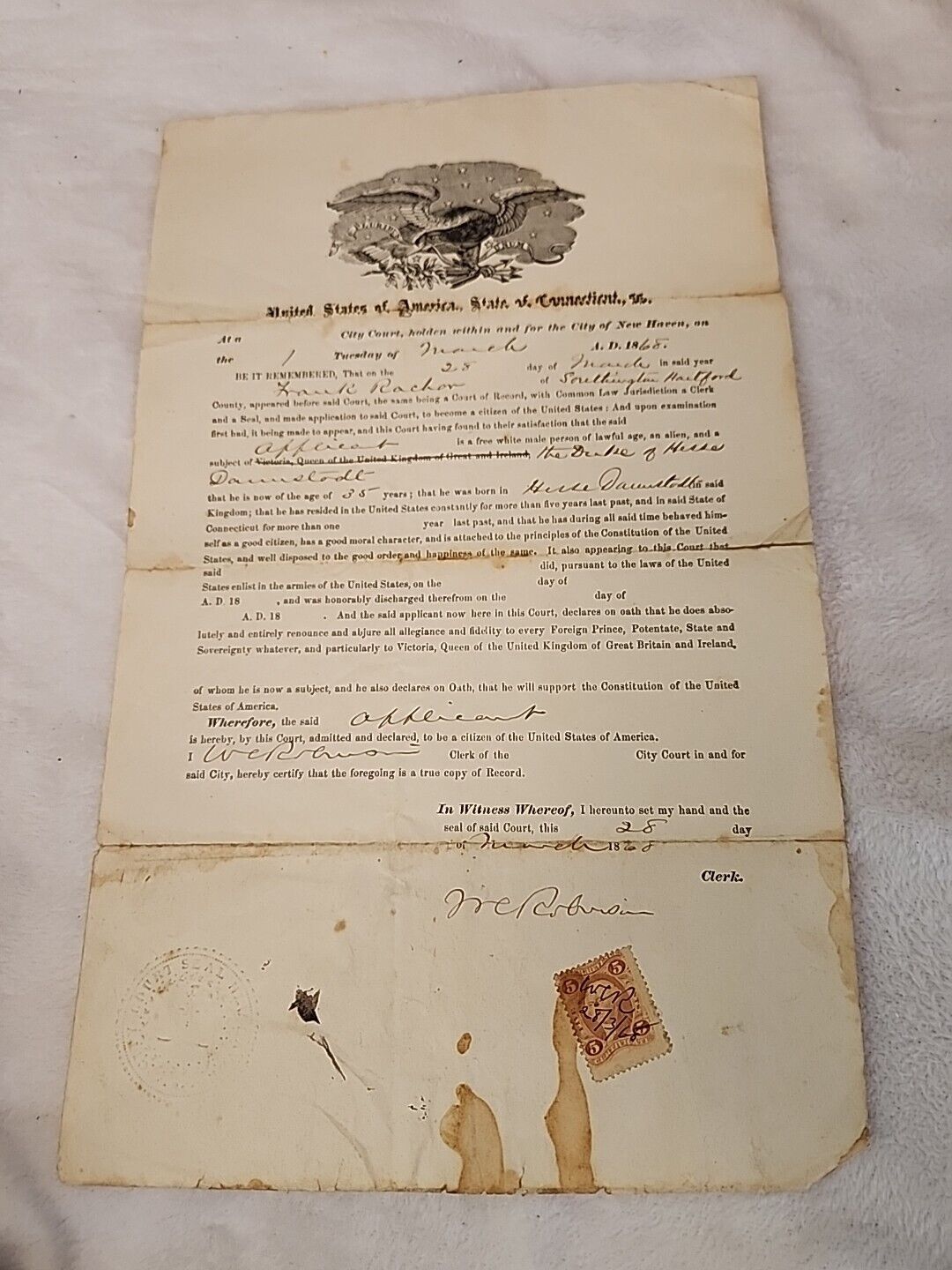 Antique 1868 US Citizenship Naturalization Certificate Document State Of Connect