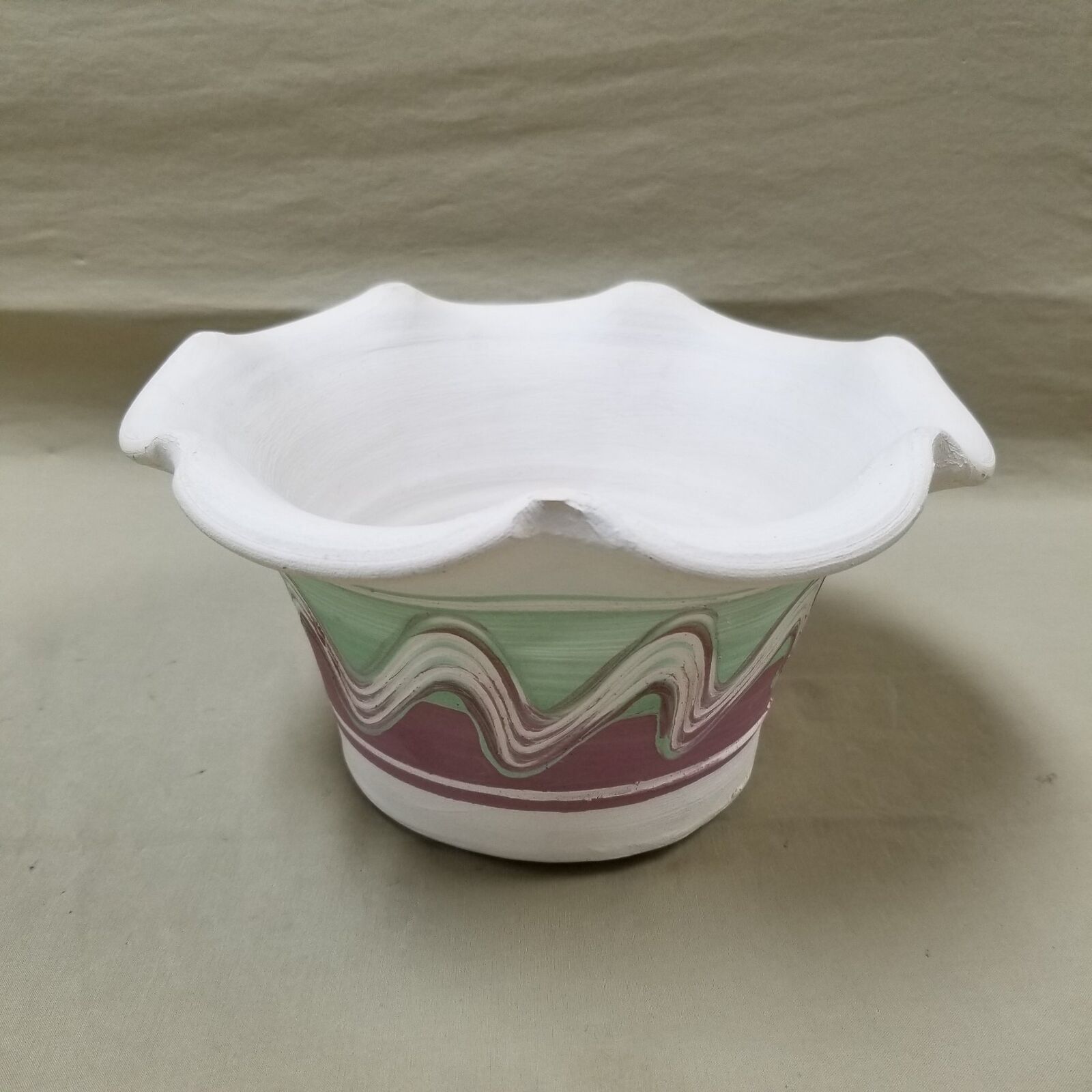 Marked CHEROKEE NC Slip Glazed Pottery Flower Pot Ruffled Edge 8\