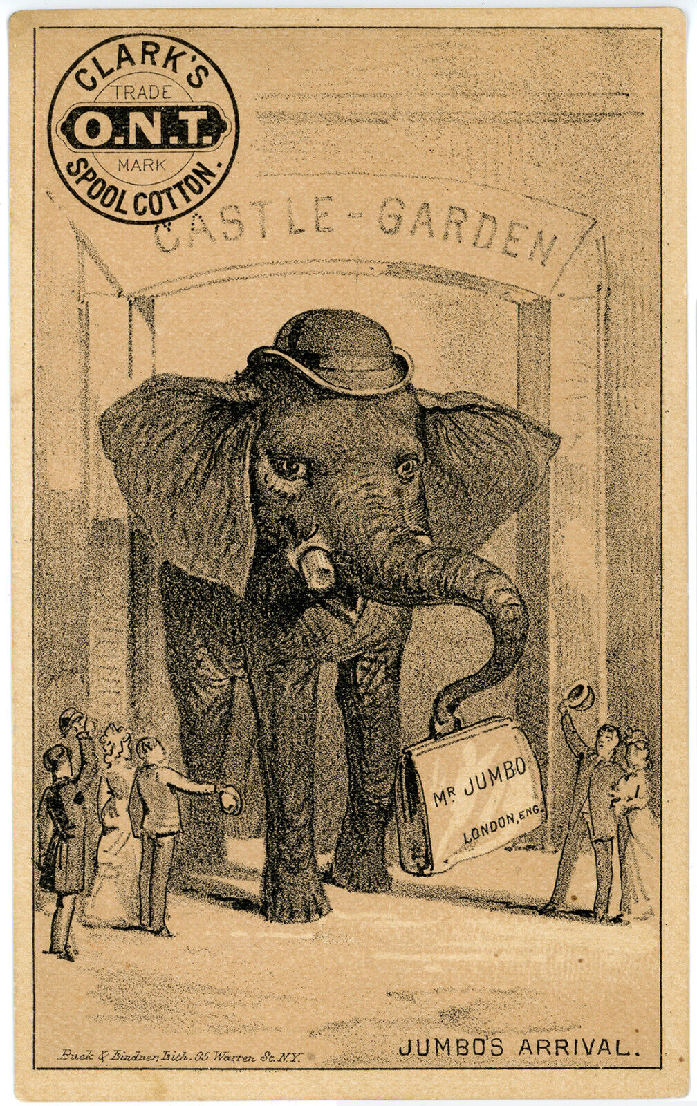 Jumbo Arrival Clarks Spool Cotton 1880s Trade Card Anthropomorphic Elephant