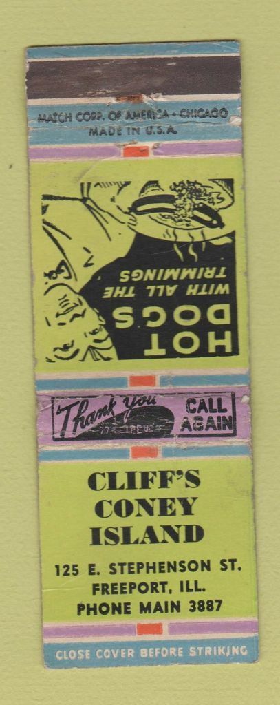 Matchbook Cover - Cliff\'s Coney Island Freeport IL WORN