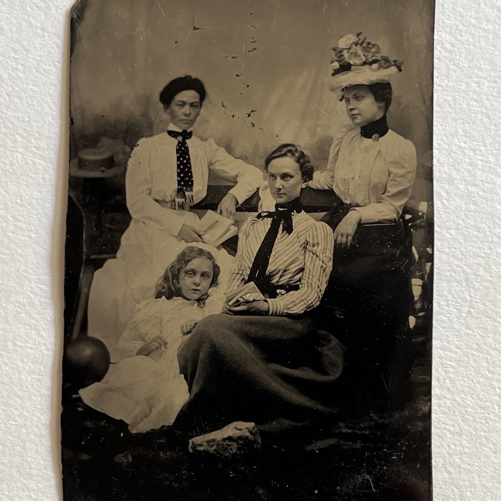 Antique Tintype Group Photograph Beautiful Affluent Women Adorable Little Girl