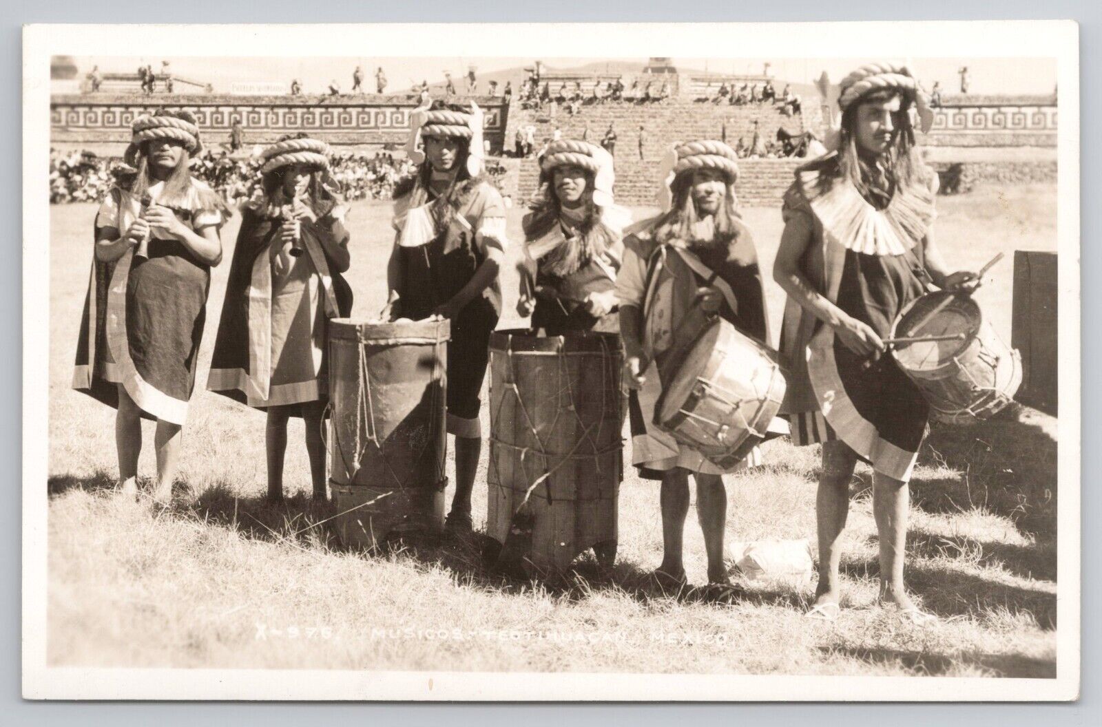 1950s Postcard Rppc Musicos Teotihuacan Mexico Drums Flutes Musicians