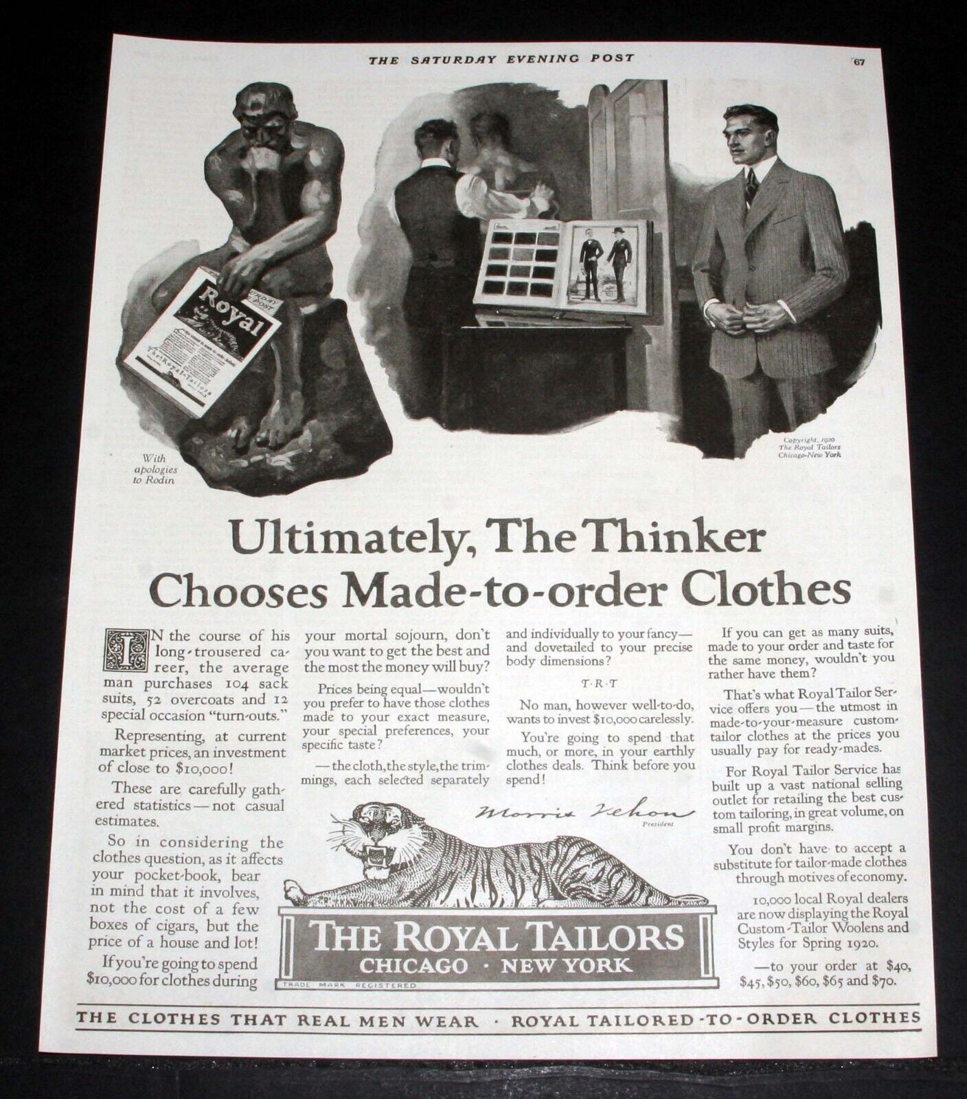 1920 OLD MAGAZINE PRINT AD, ROYAL TAILORS, THE THINKER CHOOSES MADE-TO-ORDER