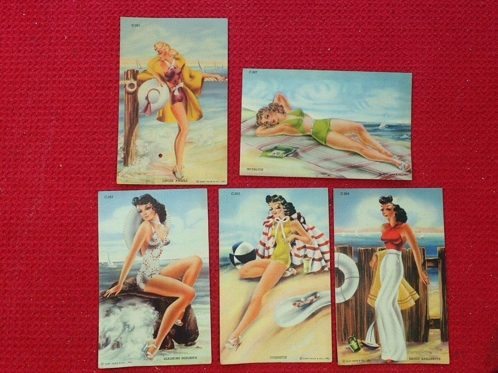 Vintage Five (5) Curt Teich Pinup Girl Linen Postcards
