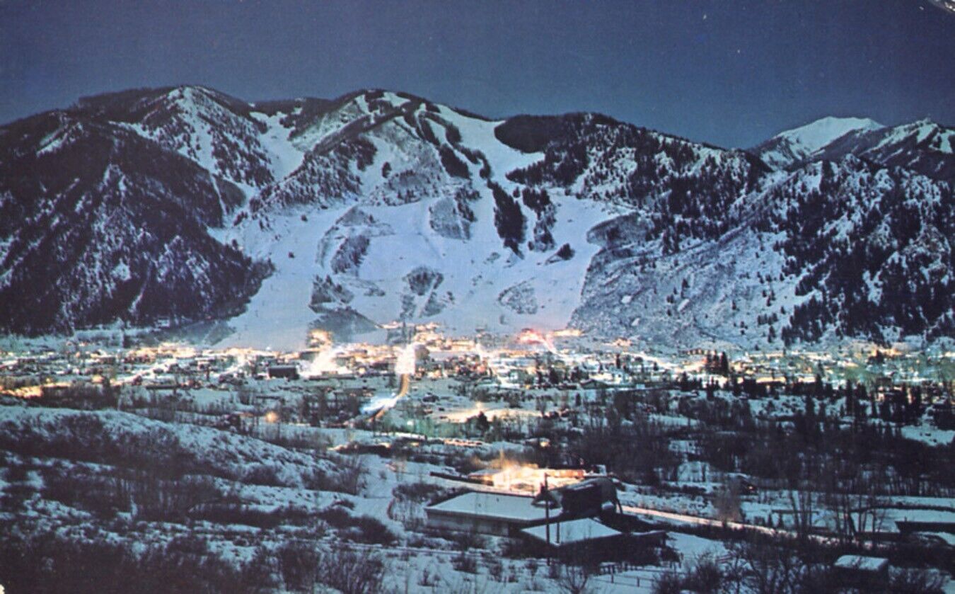 Aspen Colorado & Aspen Mountain Ski Slopes Moonlight Aerial View 1969 Postcard