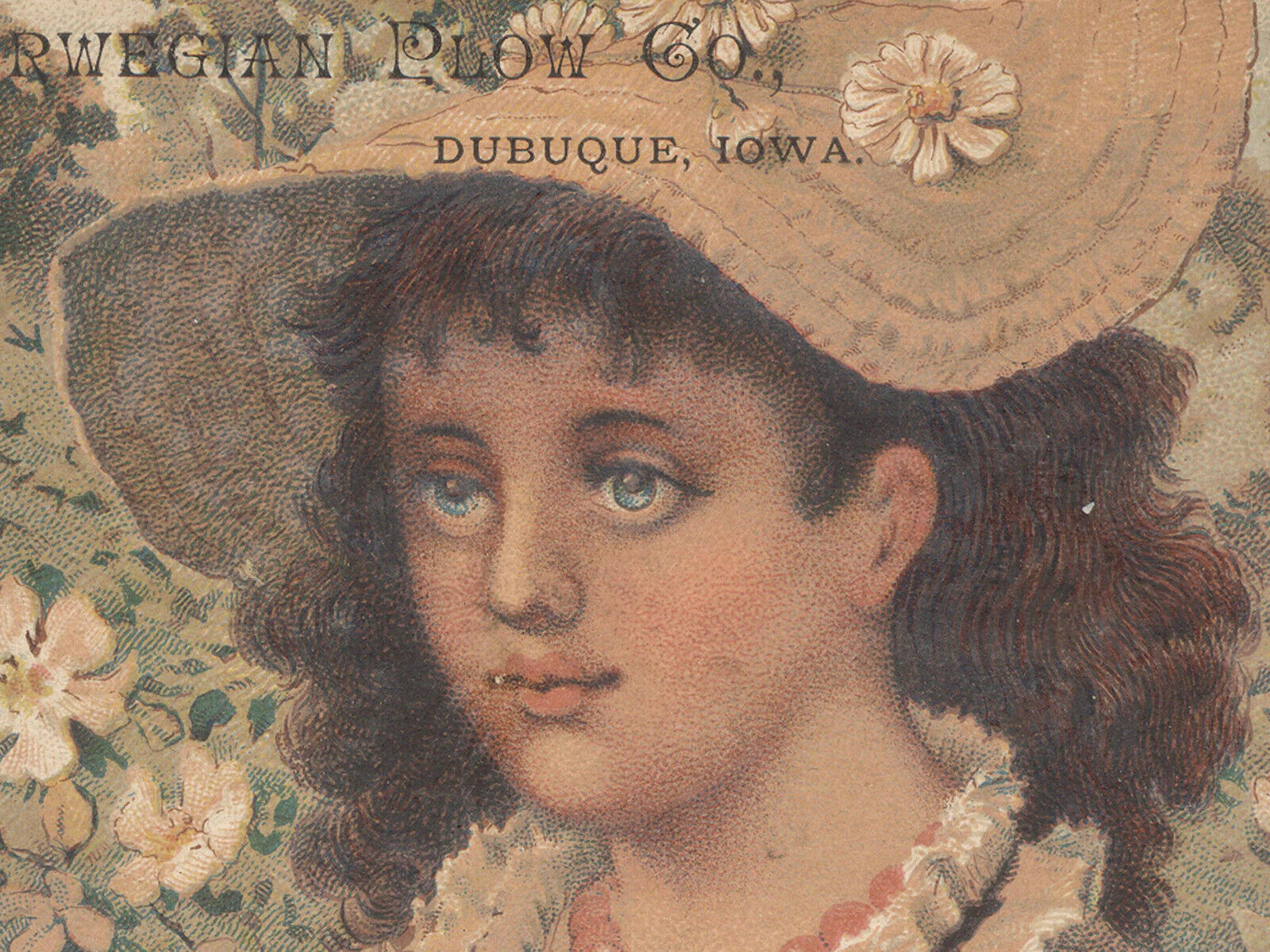 1880\'s DUBUQUE, IOWA, NORWEGIAN PLOW CO.TRADE CARD, PRETTY LADY IN LG HAT  V187