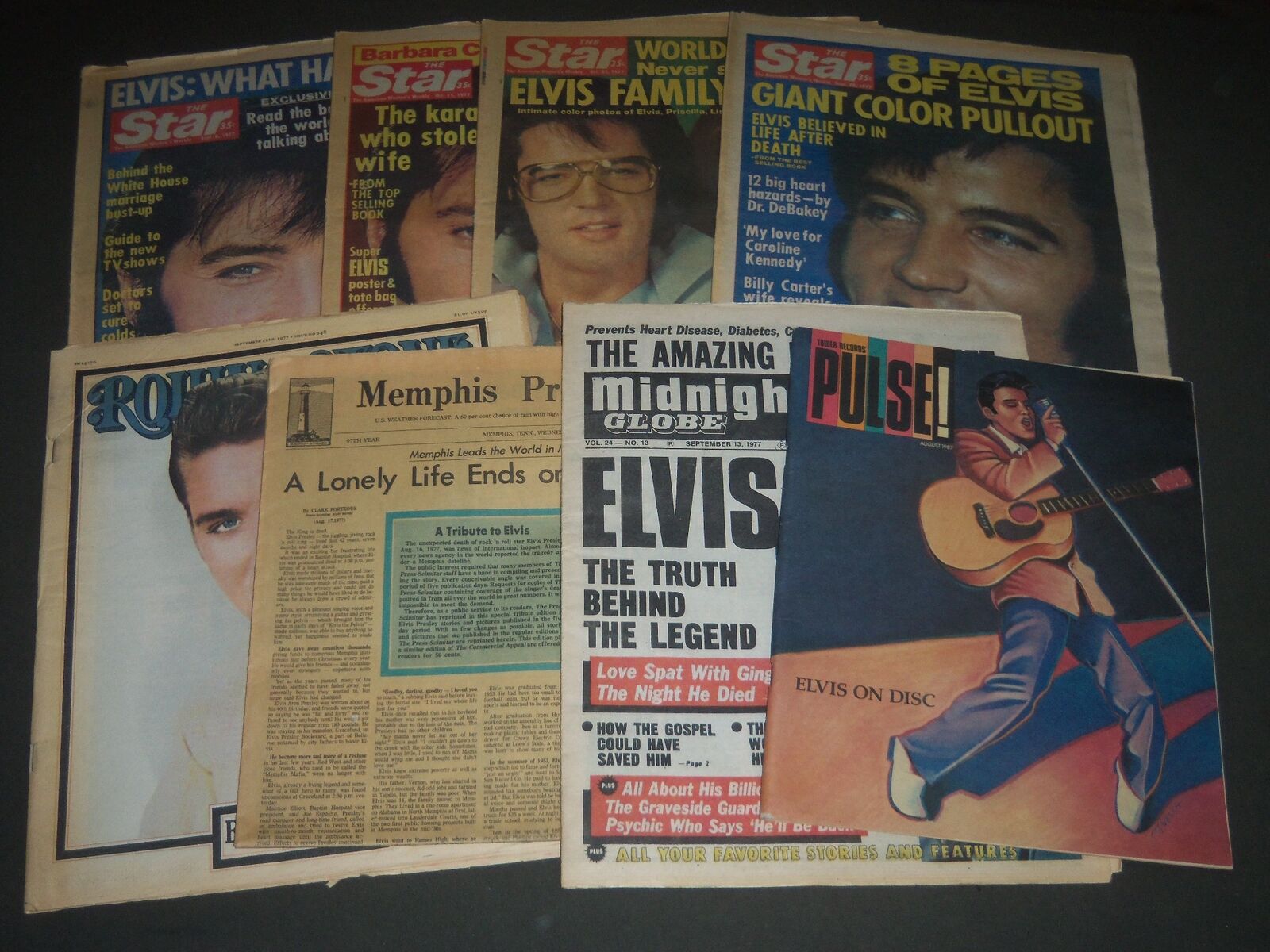 1970S ASSORTED ELVIS PRESLEY NEWSPAPERS LOT OF 8 - STAR - ROLLING STONE - PB 919