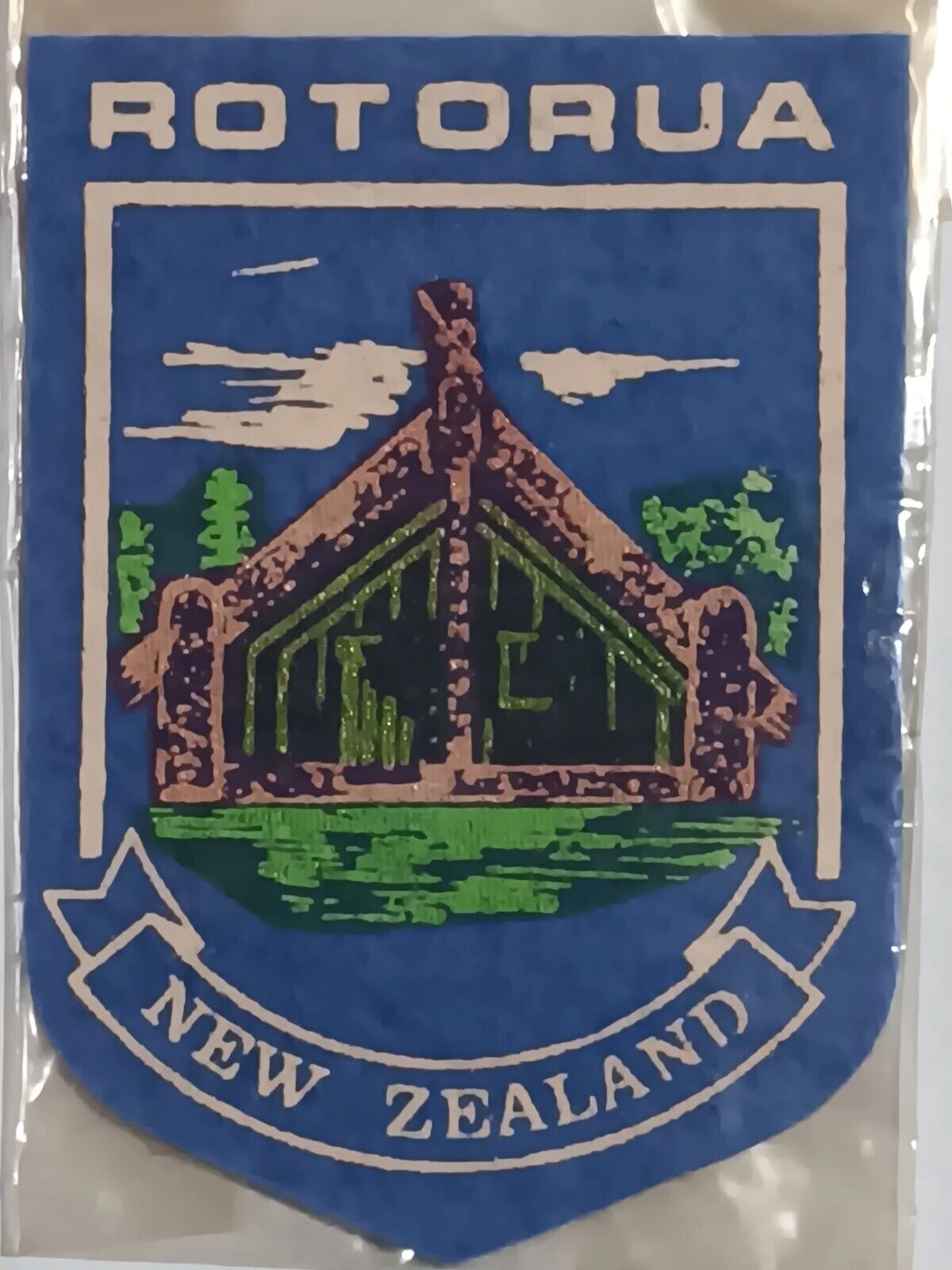 Rotorua New Zealand Vintage Printed Blue Felt Shield Patch Travel Souvenir New 