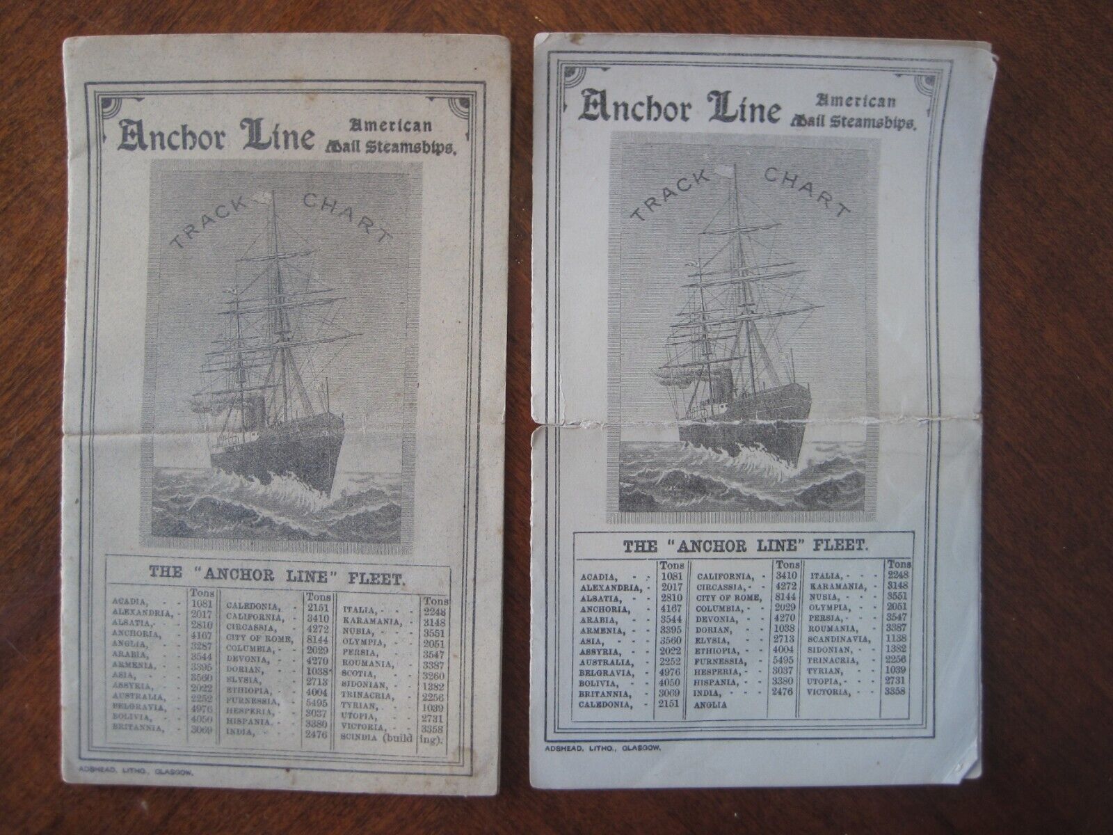 Pair Antique 1890 SS Furnessia Anchor Line Steam Ship Steamer Track Chart Guide