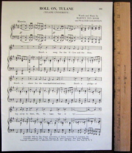 TULANE UNIVERSITY Vntg Song Sheet c1953 \