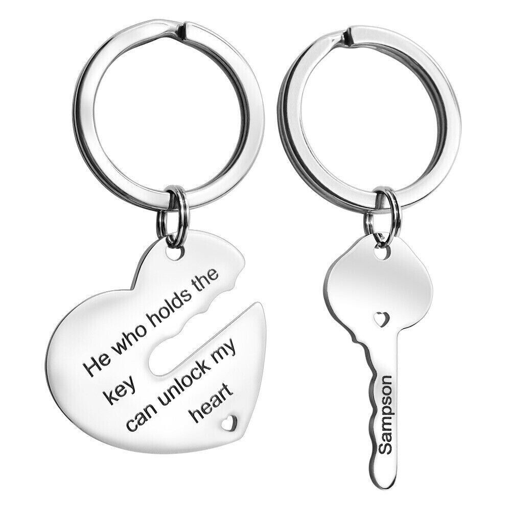 Personalized Couple KeyChain Set Heart & Key Pendant KeyRing Jewelry Charms Gift