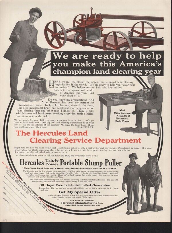 1917 HERCULES PORTABLE STUMP PULLER AGRICULTURE FARM HORSE CENTERVILLE16962