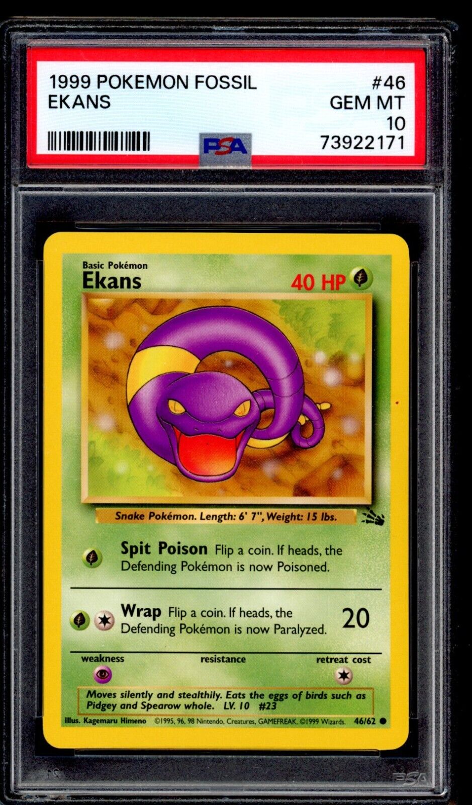 PSA 10 Ekans 1999 Pokemon Card 046/62 Fossil