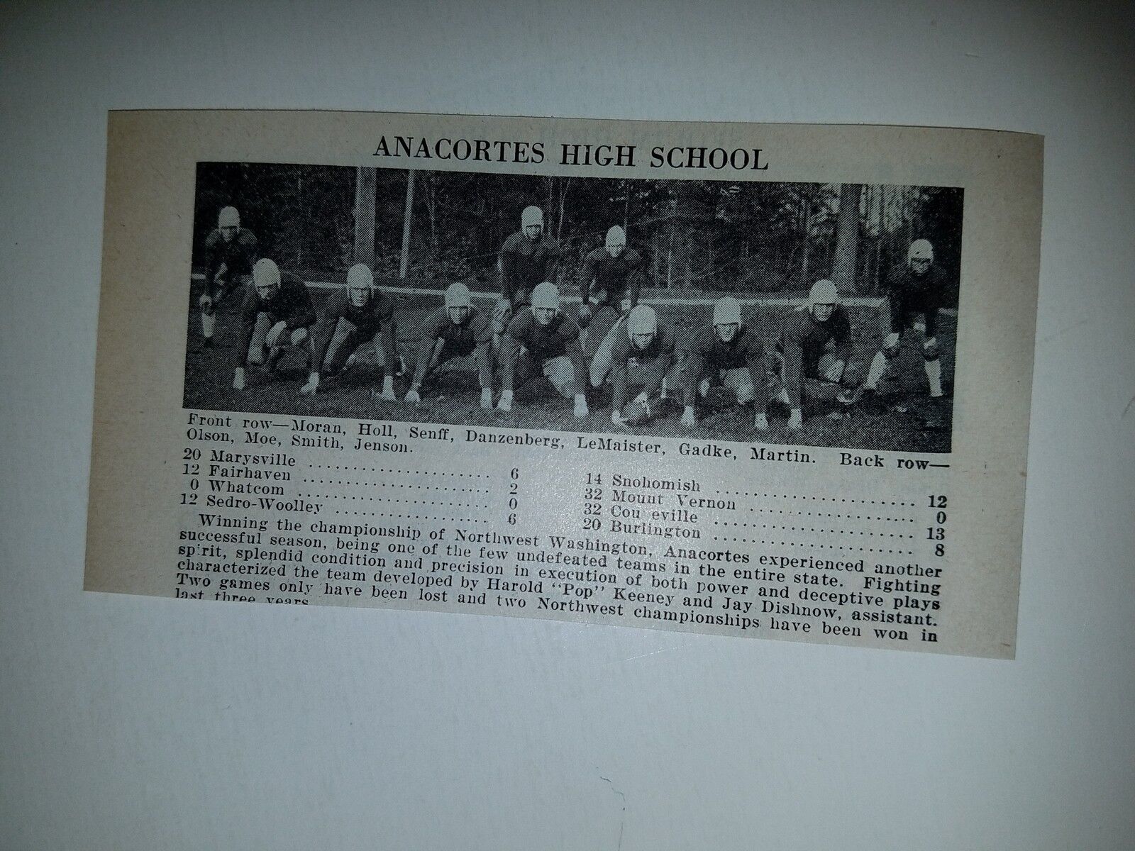 Anacortes & Sequim Washington High School 1930 Football Team Picture