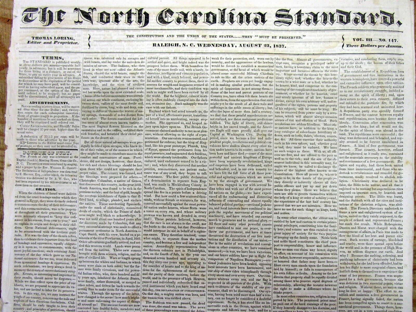 Rare 1837 Raleigh NORTH CAROLINA Pre-Civil War newspaper WANTED FOR MURDER Procl