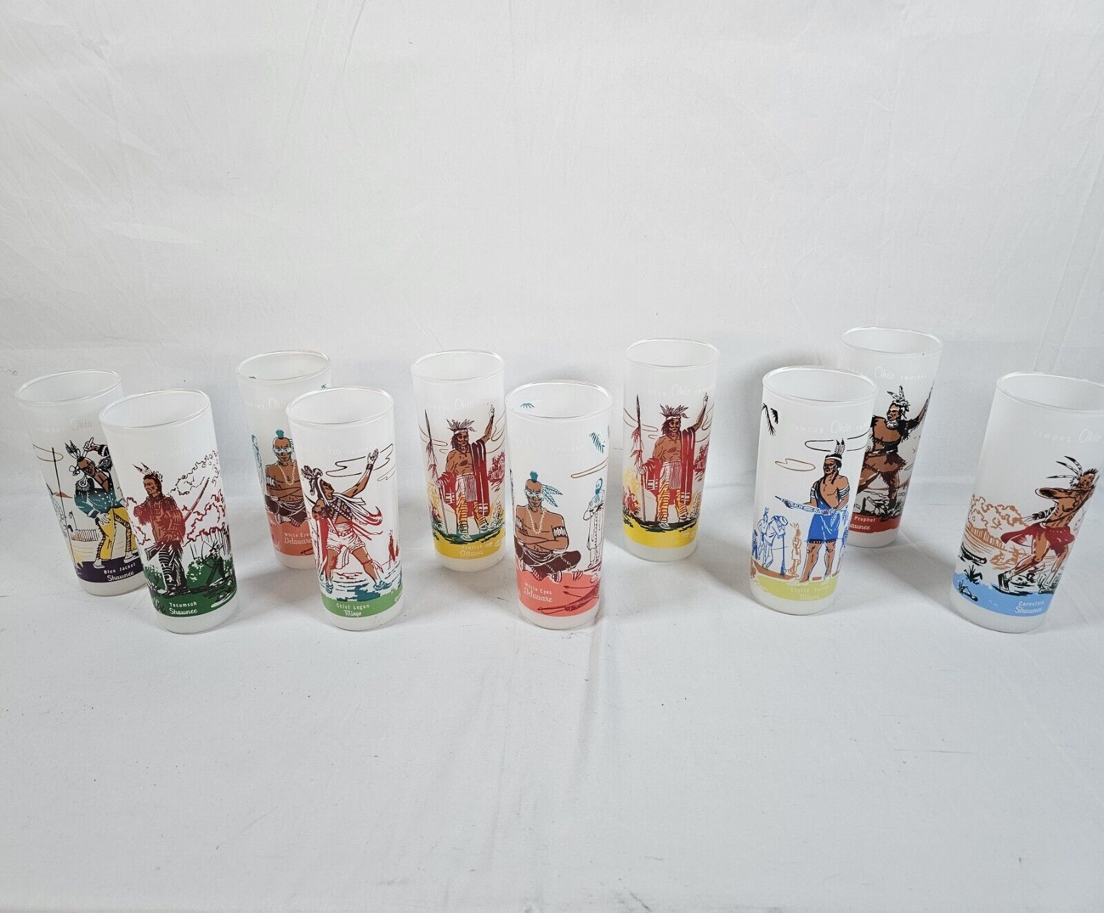 SET OF 10 BONDED OIL FAMOUS OHIO INDIAN FROSTED DRINKING GLASSES