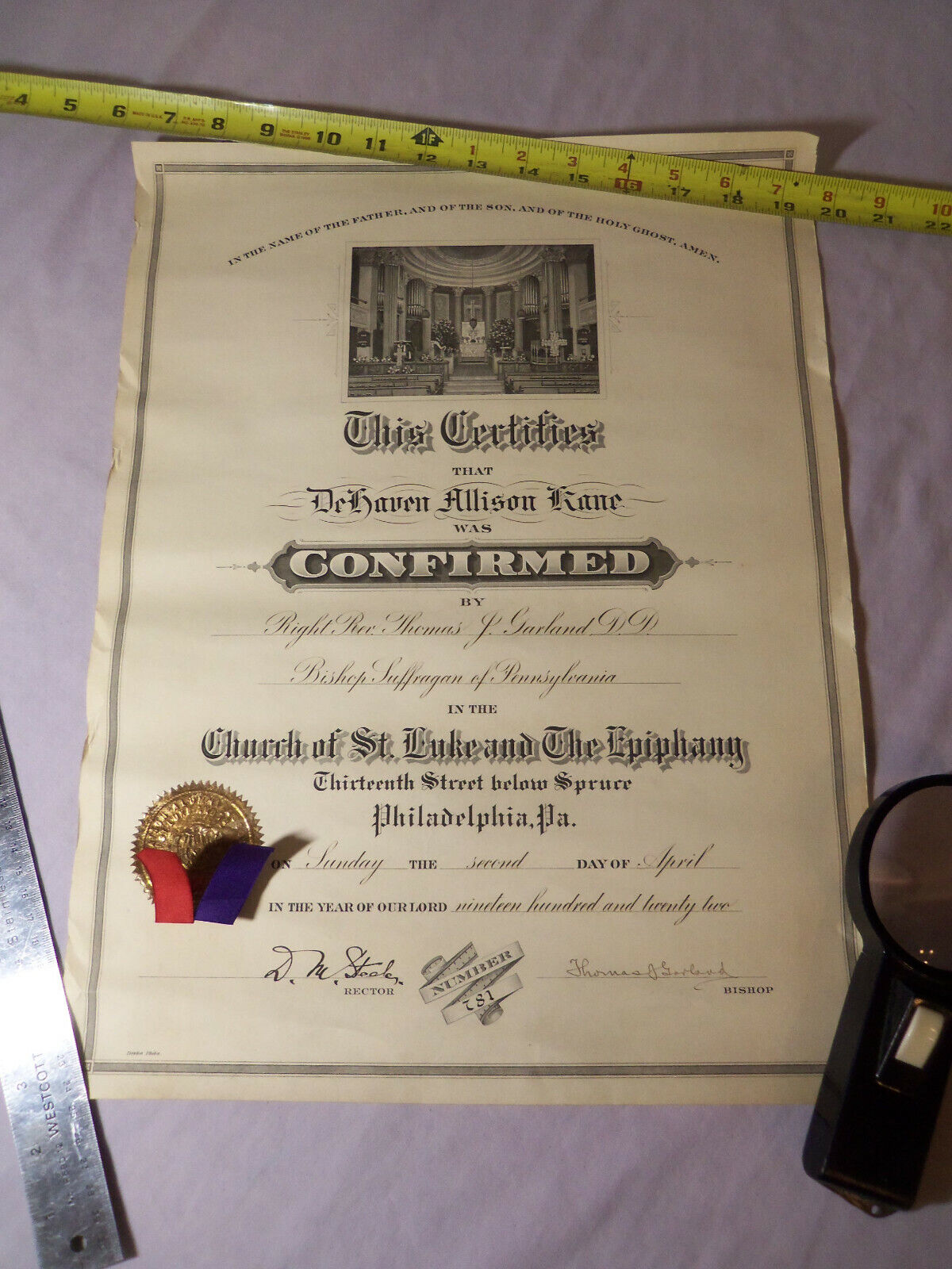 1922 ST. LUKE CHURCH Confirmation SIGNED Bishop THOMAS J. GARLAND  PHILADELPHIA