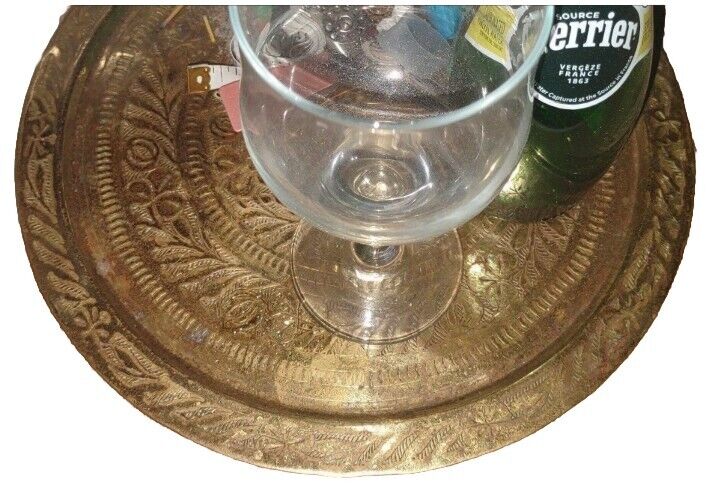 Antique Tray Victorian Vtg Moroccan  Brass Round Bedroom Hanging Flower Plate 