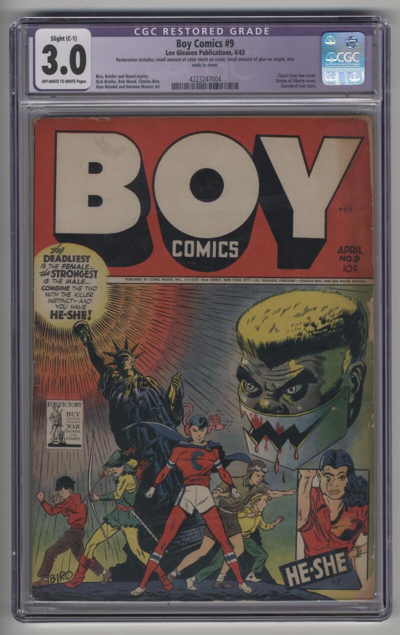 Boy Comics #9 Classic Iron Jaw Statue of Liberty Cover CGC 3.0 OW-W Pages RESTOR