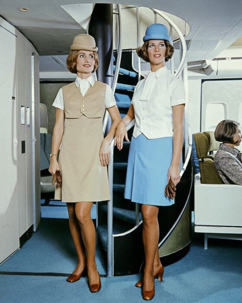 8x10 vintage color image of two Pan Am Stewardesses on a plane.