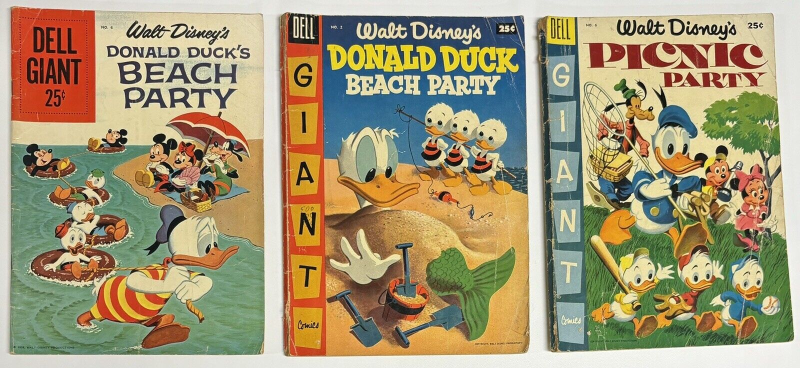 1955 & 1959 Vtg Dell Giant Comics Donald Duck’s Beach & Picnic Party Lot Of 3