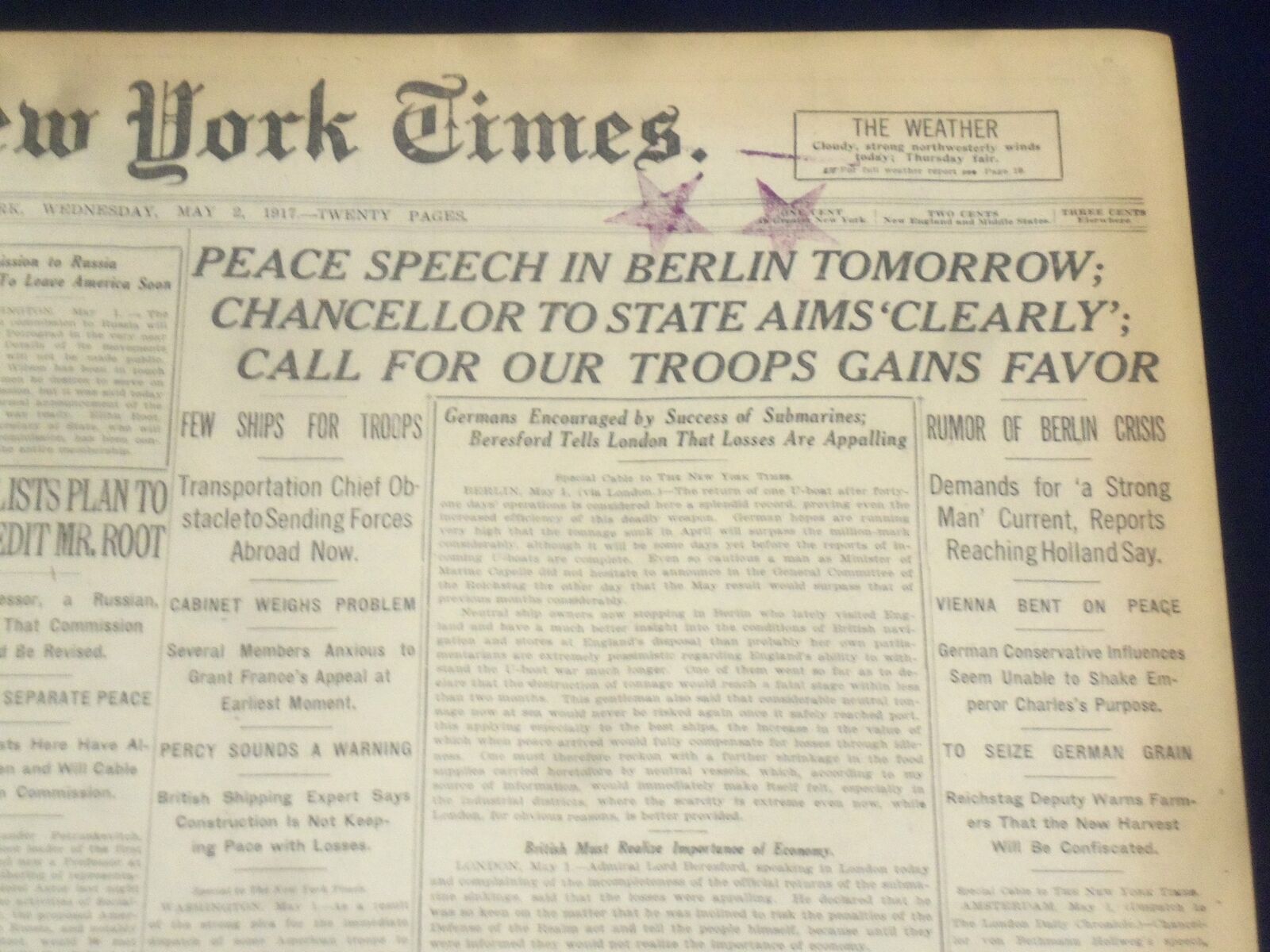 1917 MAY 2 NEW YORK TIMES - PEACE SPEECH IN BERLIN TOMORROW - NT 9131