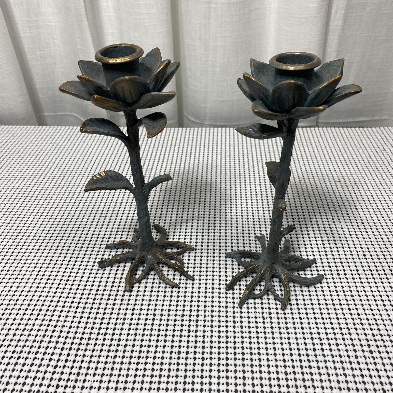 Unique Gothic Cast Iron Candlestick Rose Antique Look With Turquoise Accent