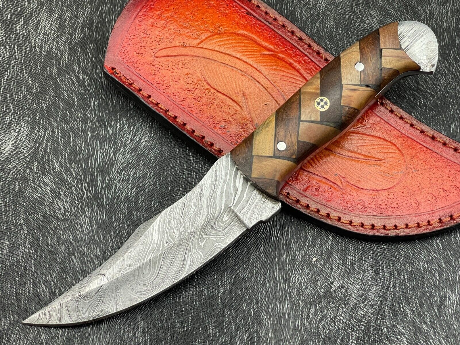 9\'\'Handmade Damascus steel Skinning Bowie Knife Beautiful Pakka Wood W/L/Sheath