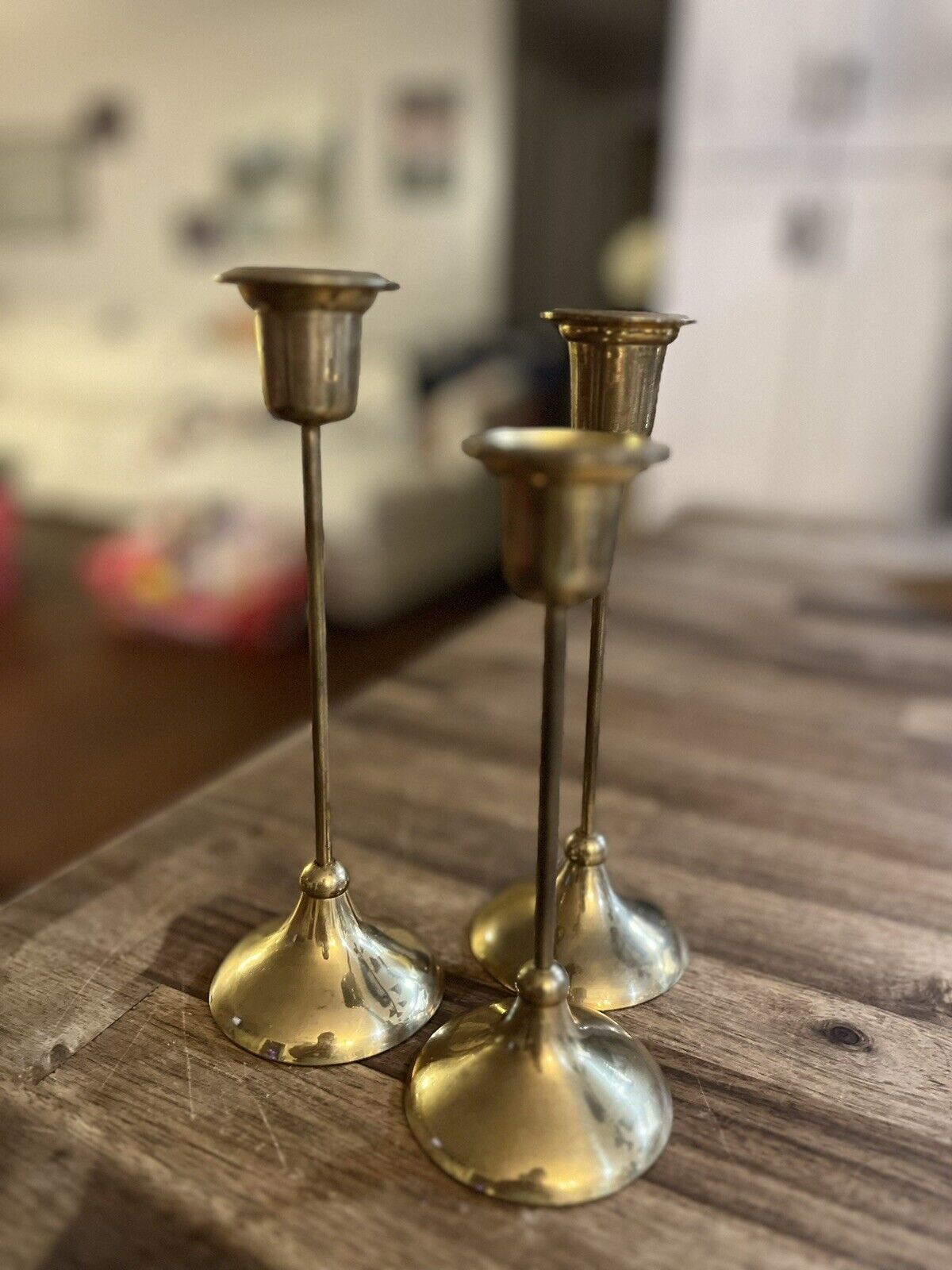 Set Of 3 Vintage Brass Candle Holders Graduated Tapered Candlesticks