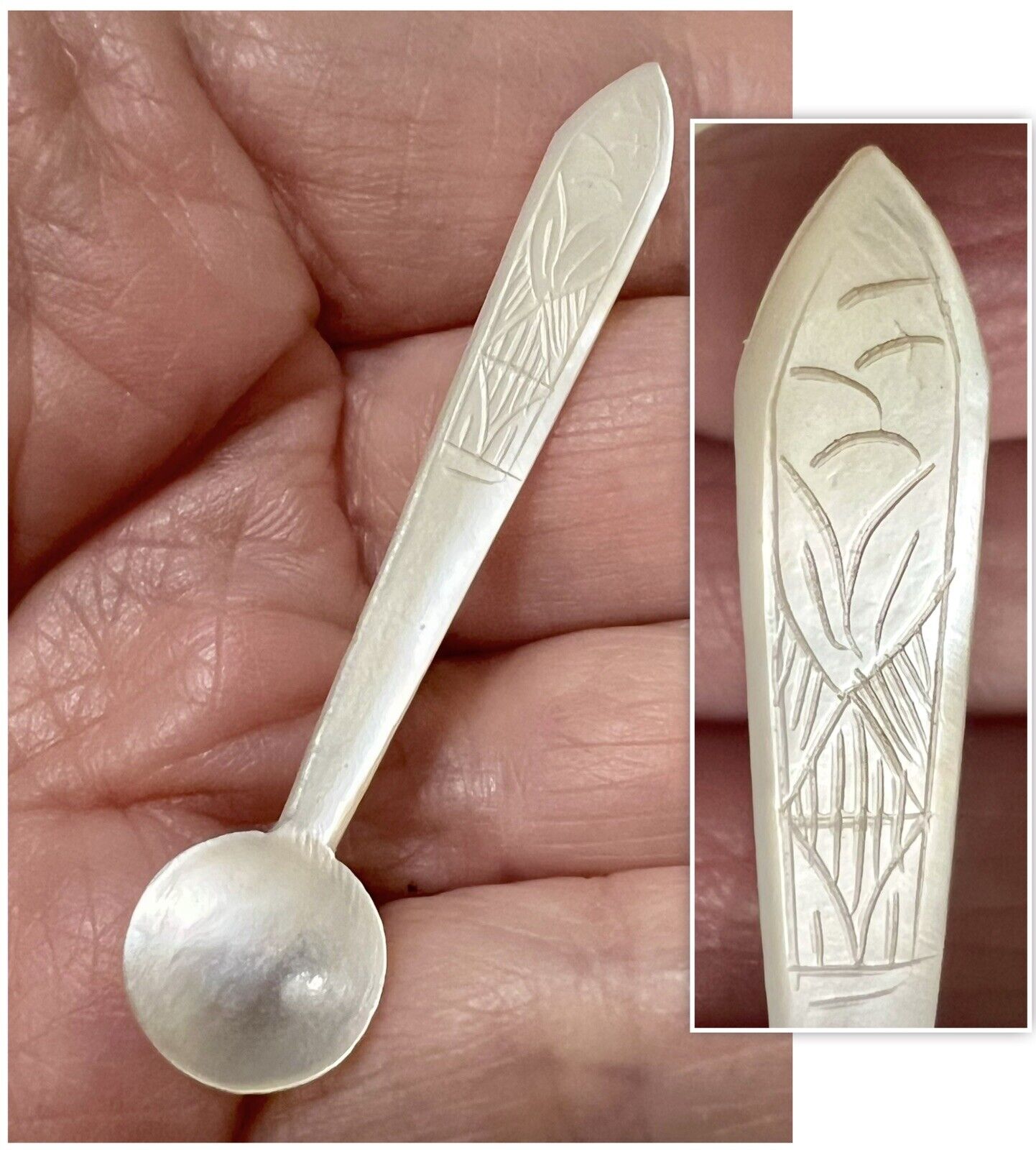 Vintage Tiny 2” (5cm) Hand Engraved MOTHER OF PEARL Caviar Spoon