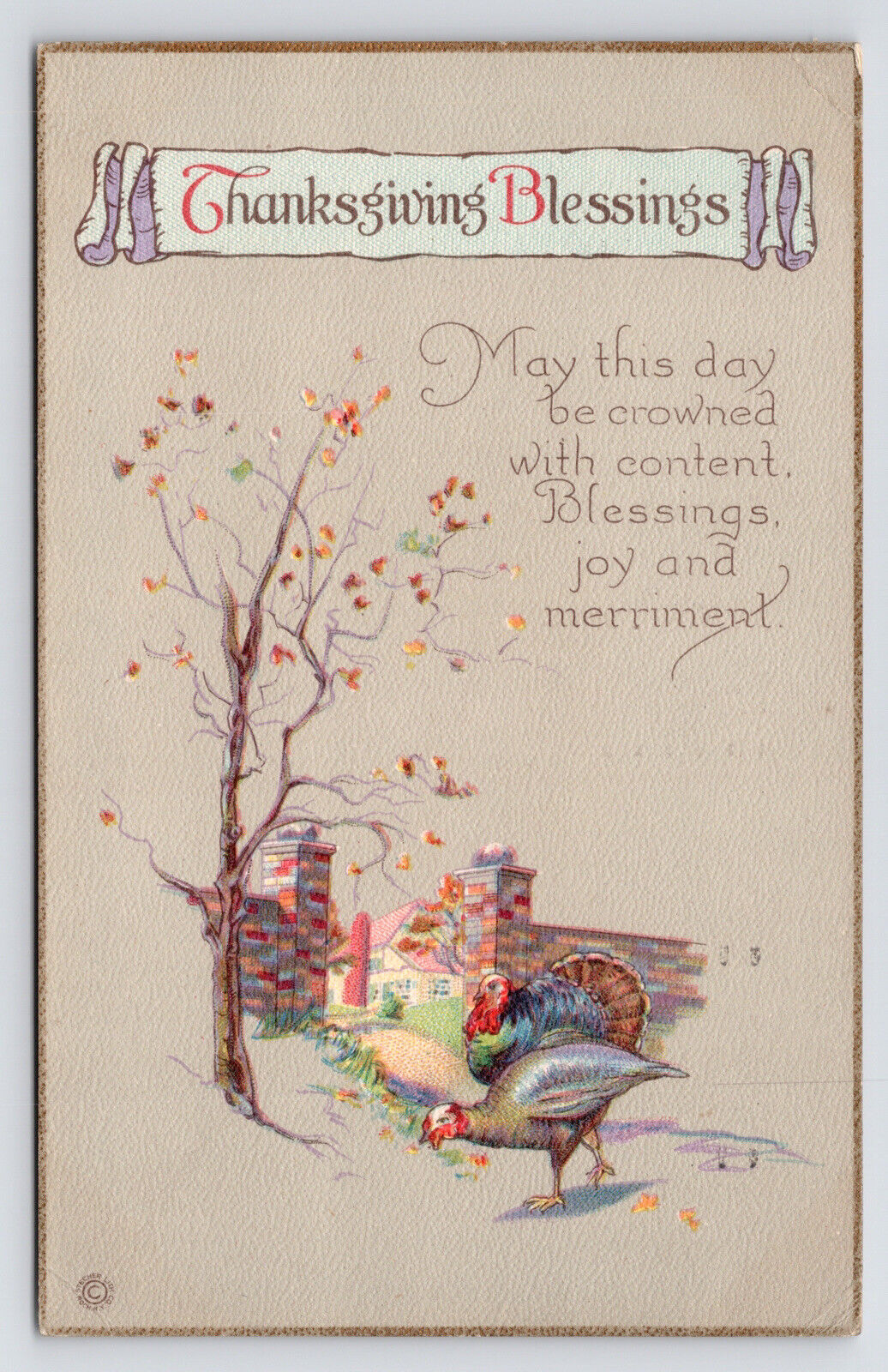 c1920s~Thanksgiving Blessings Turkeys in Yard~Antique Postcard