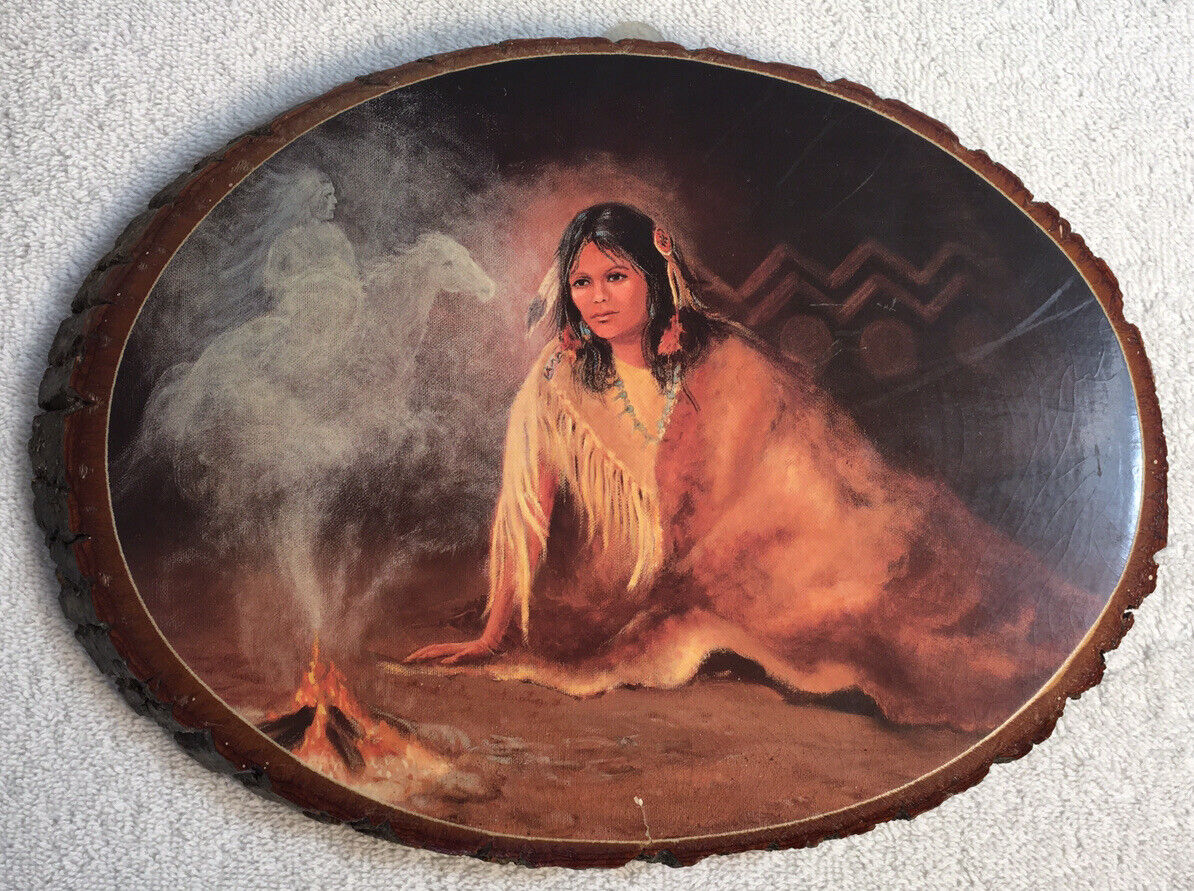 Vintage Native American Woman By Fire With Smoke Horse And Rider on Log Slice